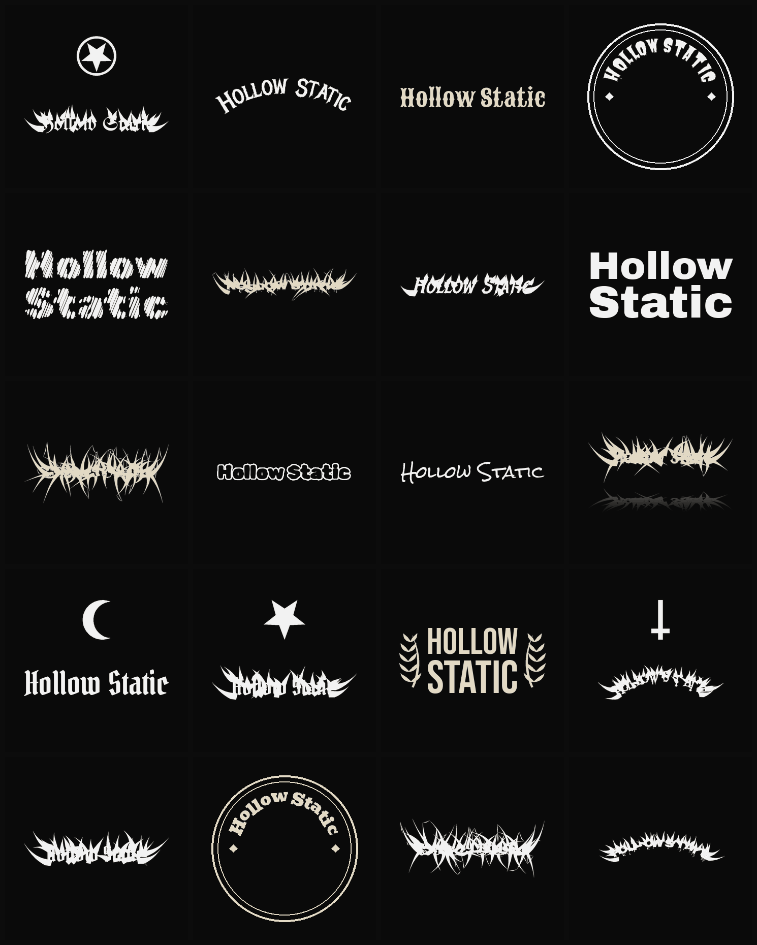 Twenty Hollow Static band logo ideas — different faces, treatments and spike settings