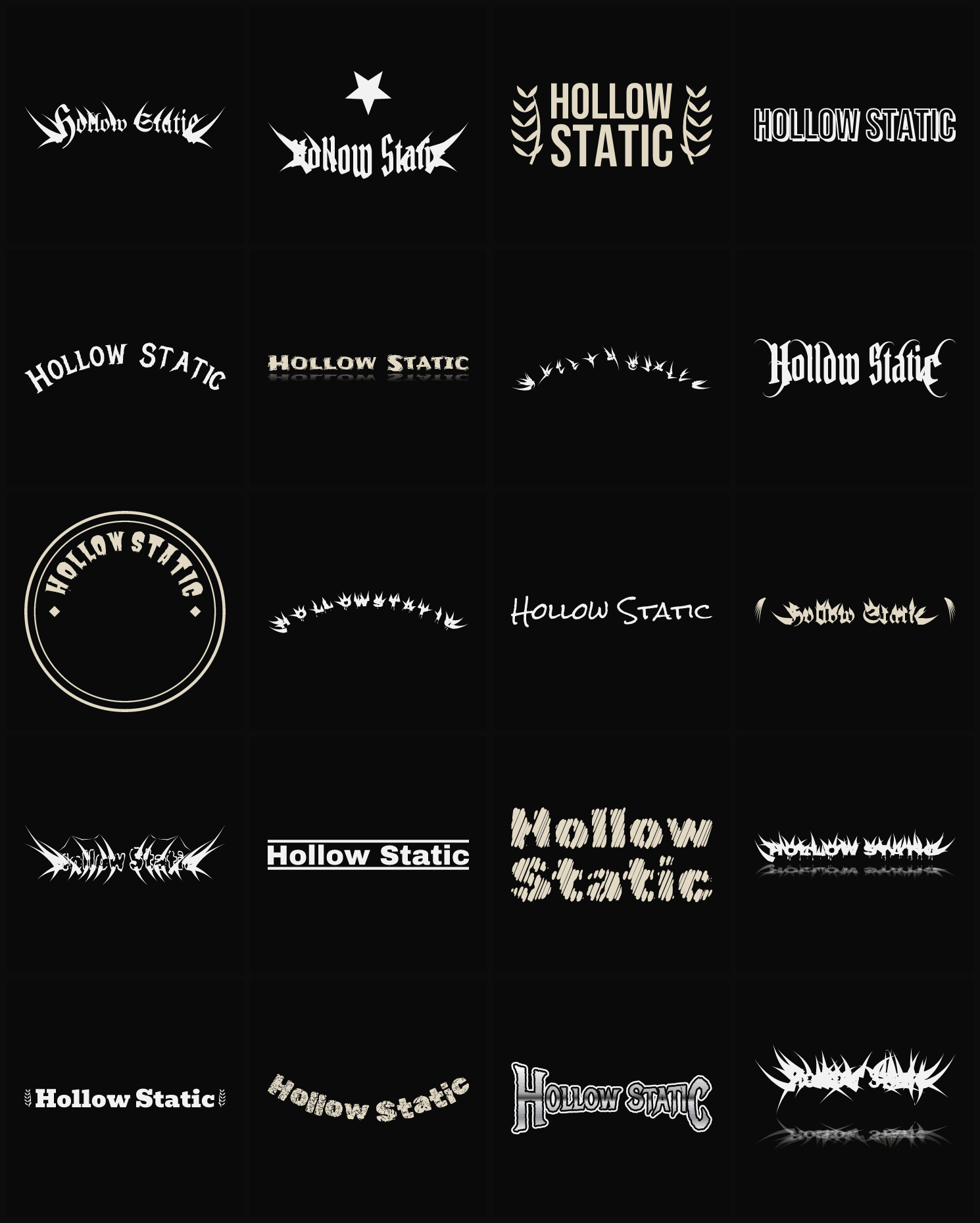 Twenty Hollow Static band logo ideas — different faces, treatments and spike settings