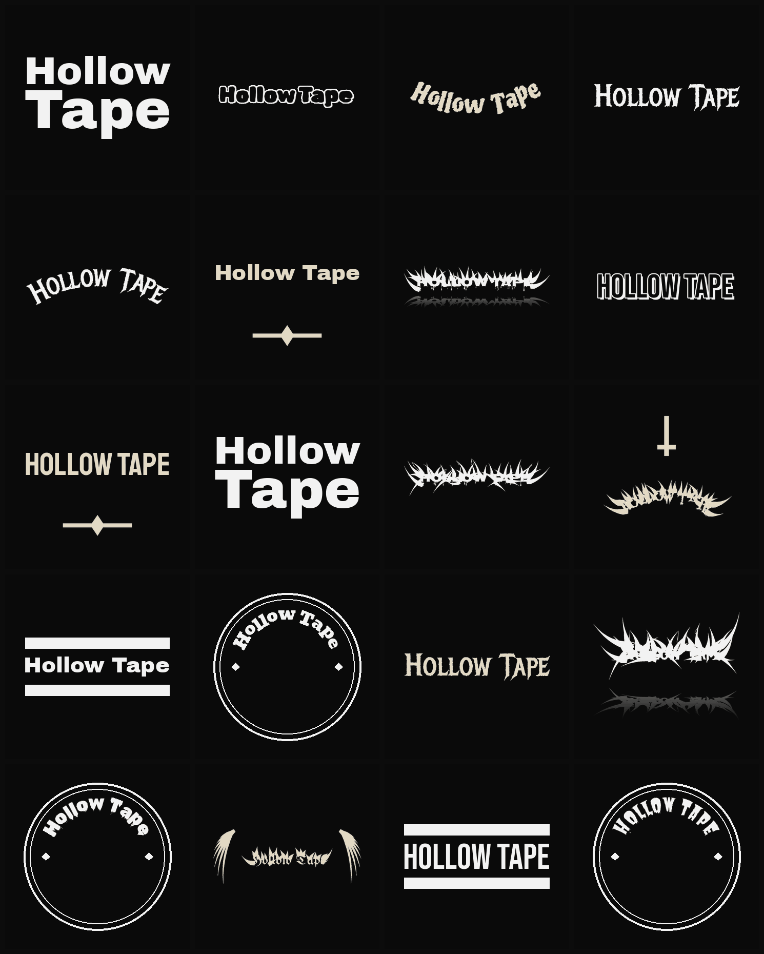 Twenty Hollow Tape band logo ideas — different faces, treatments and spike settings