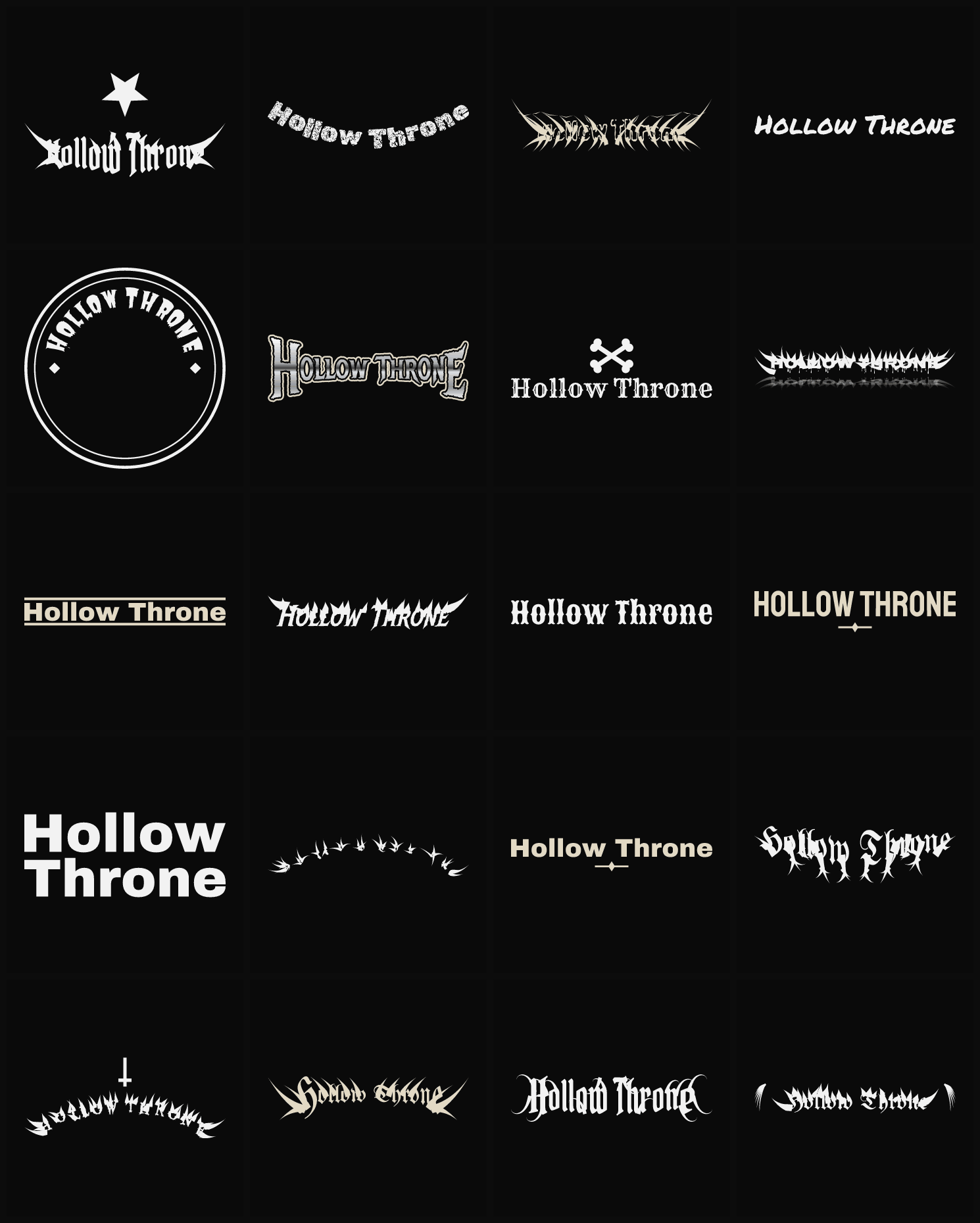 Twenty Hollow Throne band logo ideas — different faces, treatments and spike settings