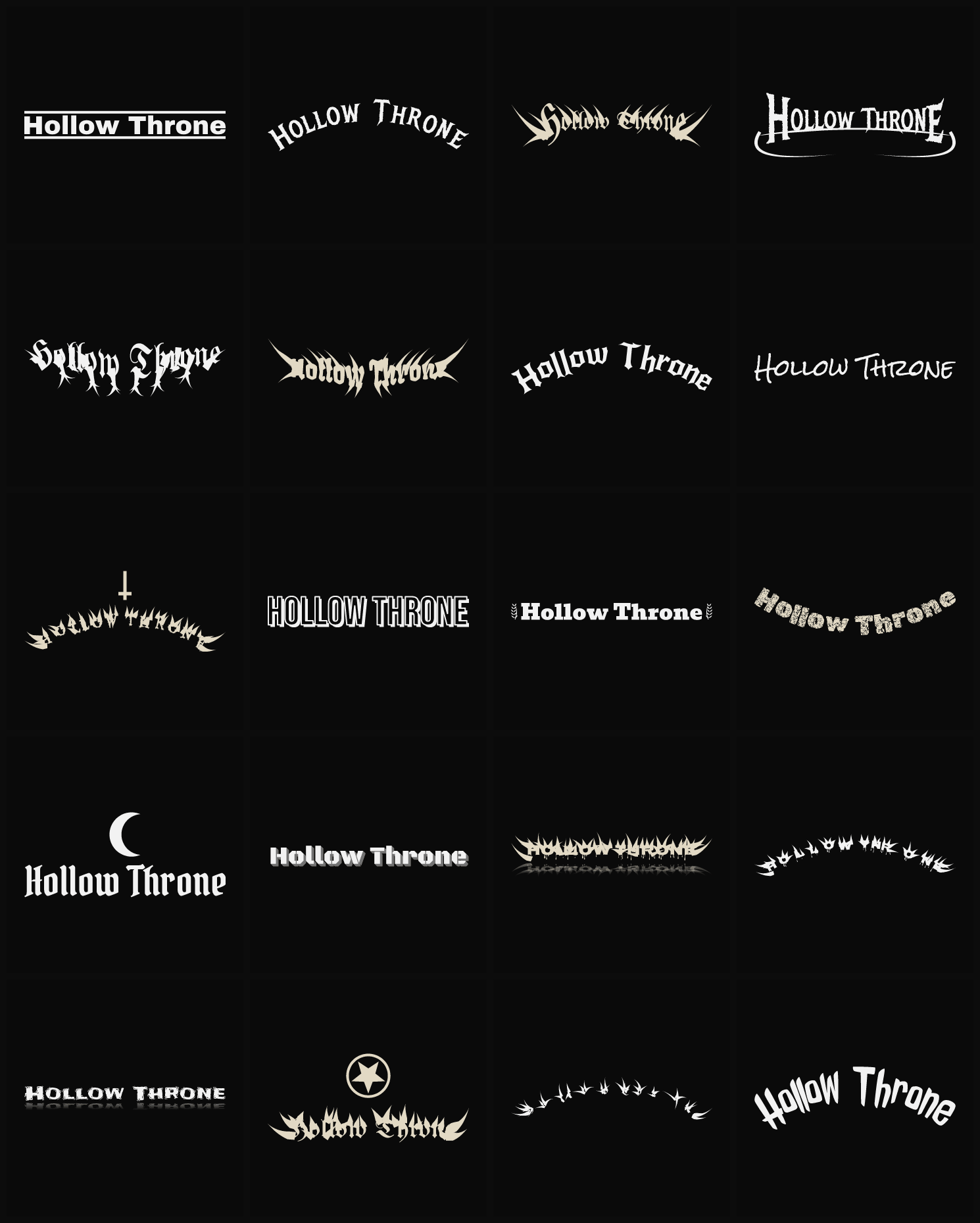 Twenty Hollow Throne band logo ideas — different faces, treatments and spike settings