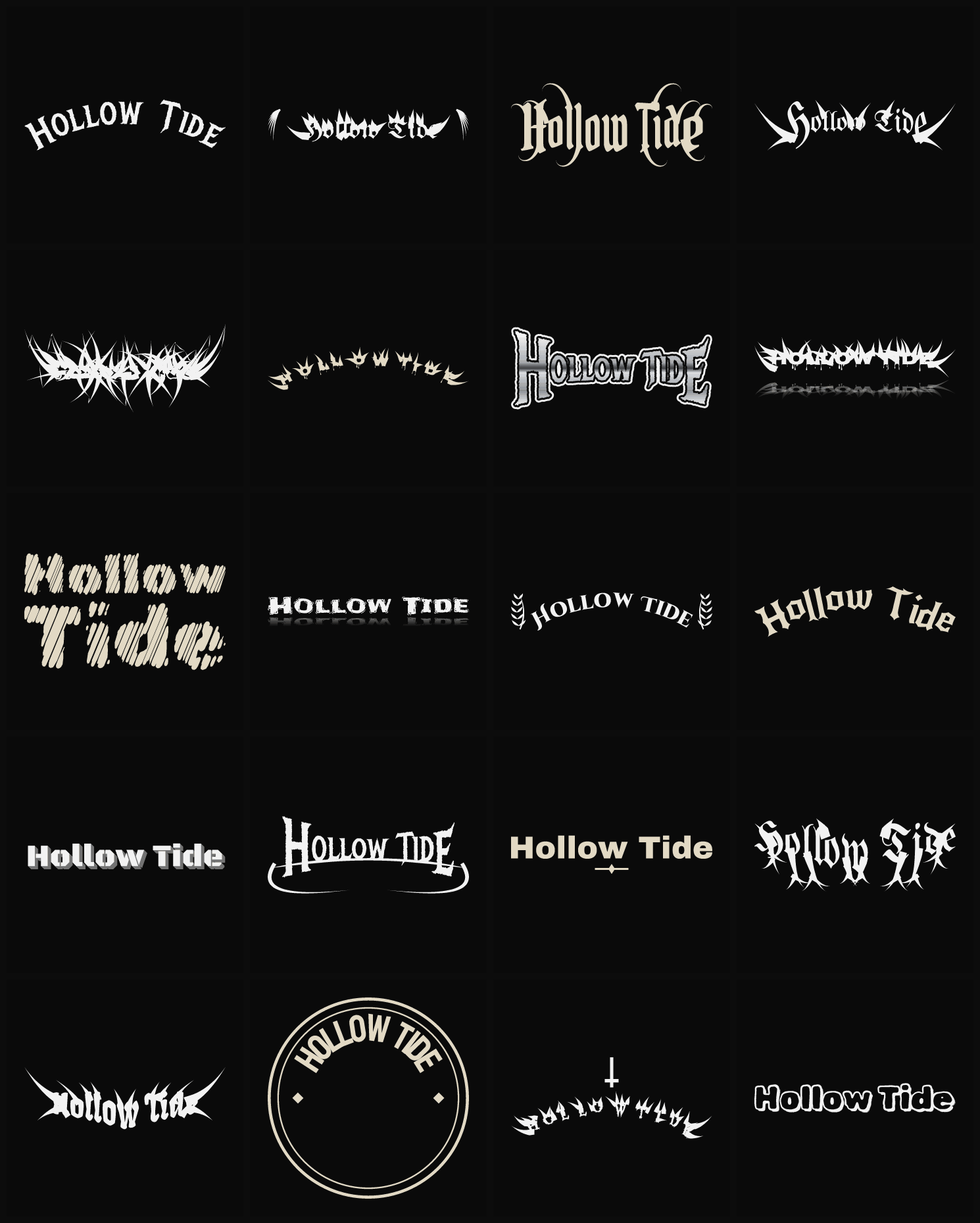 Twenty Hollow Tide band logo ideas — different faces, treatments and spike settings