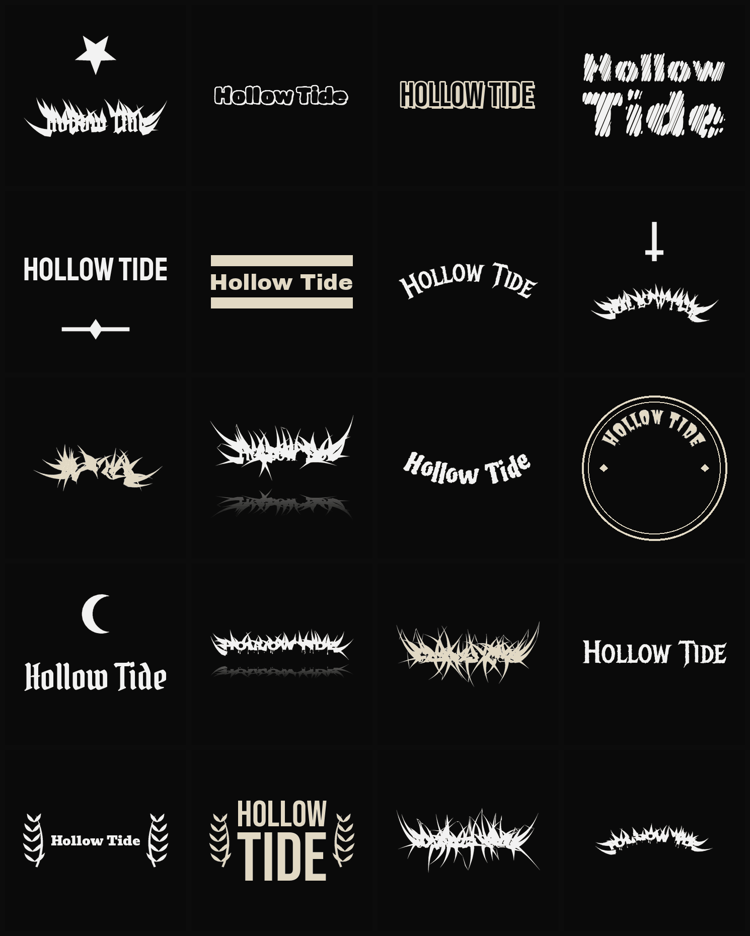 Twenty Hollow Tide band logo ideas — different faces, treatments and spike settings