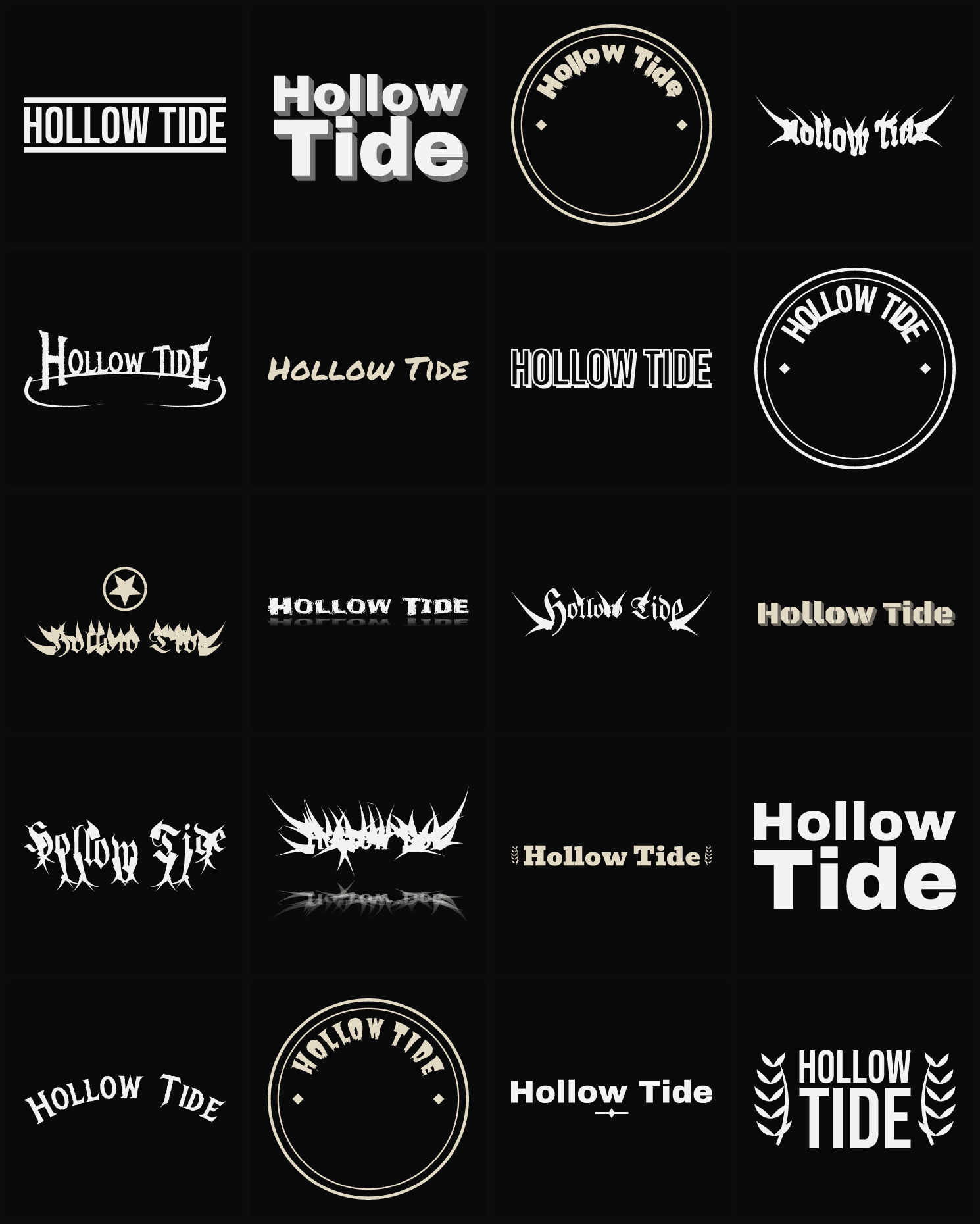 Twenty Hollow Tide band logo ideas — different faces, treatments and spike settings