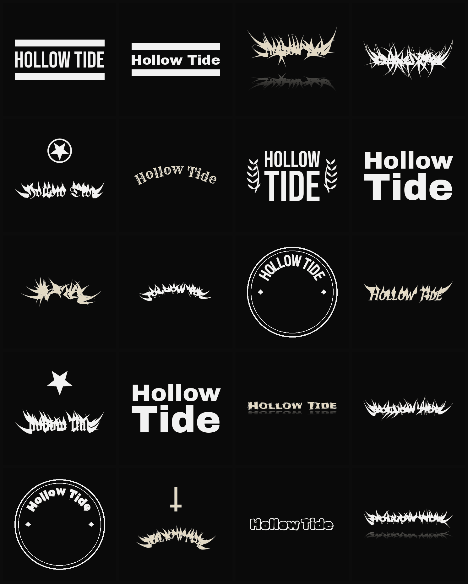 Twenty Hollow Tide band logo ideas — different faces, treatments and spike settings