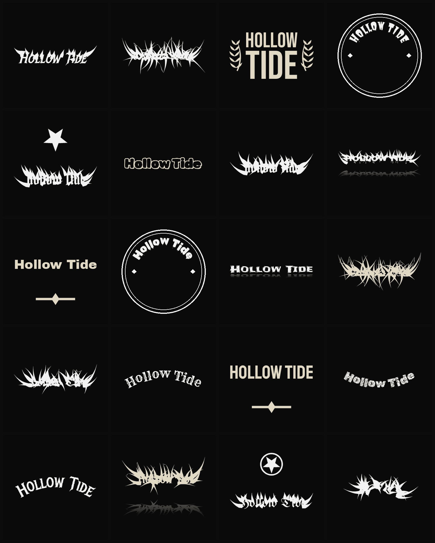 Twenty Hollow Tide band logo ideas — different faces, treatments and spike settings