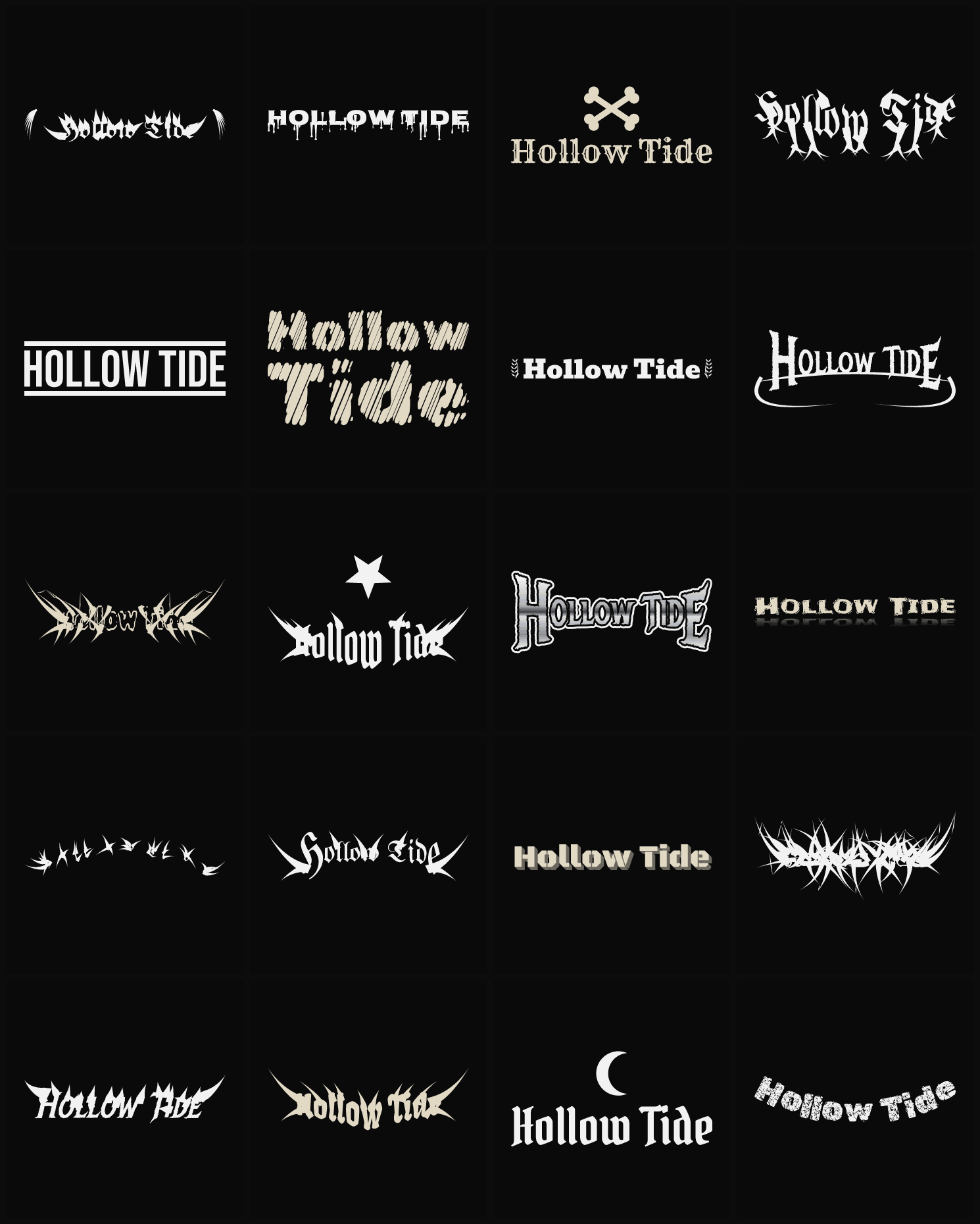 Twenty Hollow Tide band logo ideas — different faces, treatments and spike settings