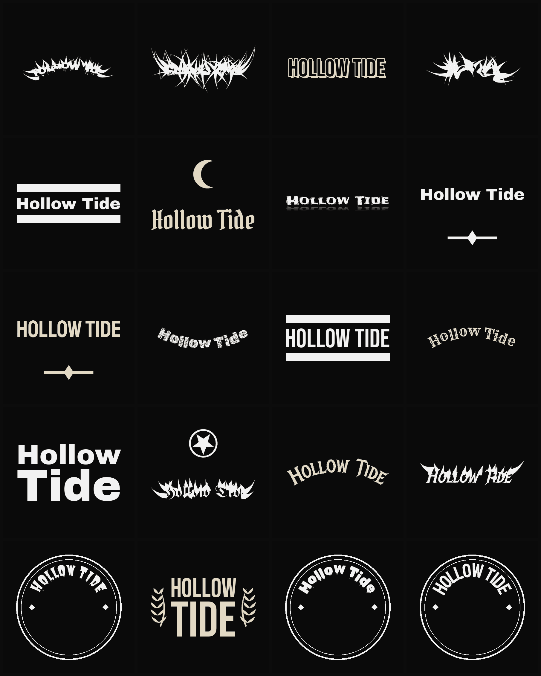 Twenty Hollow Tide band logo ideas — different faces, treatments and spike settings