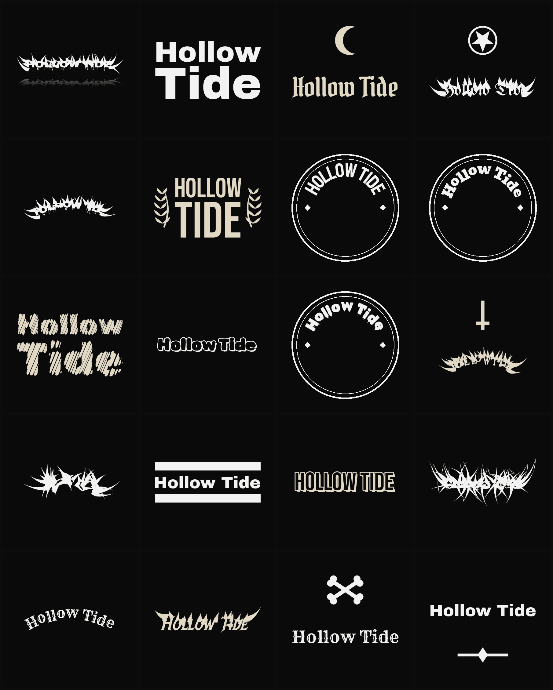 Twenty Hollow Tide band logo ideas — different faces, treatments and spike settings