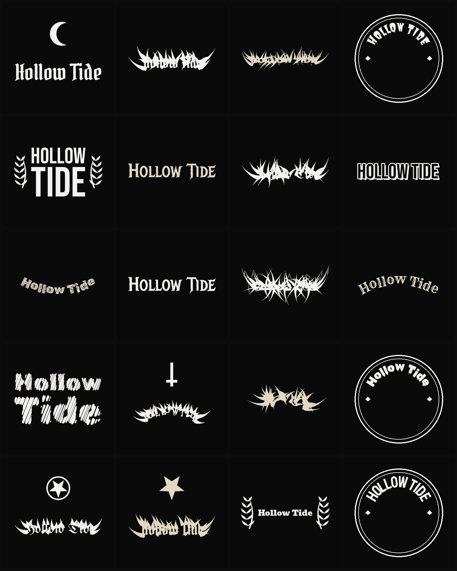 Twenty Hollow Tide band logo ideas — different faces, treatments and spike settings