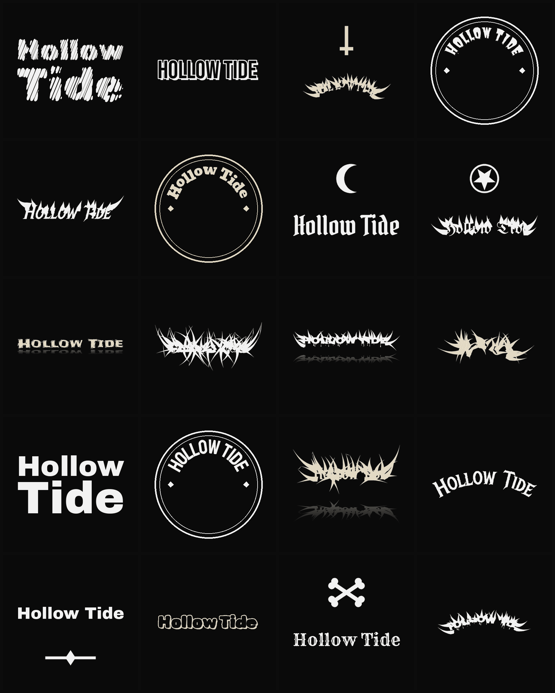 Twenty Hollow Tide band logo ideas — different faces, treatments and spike settings