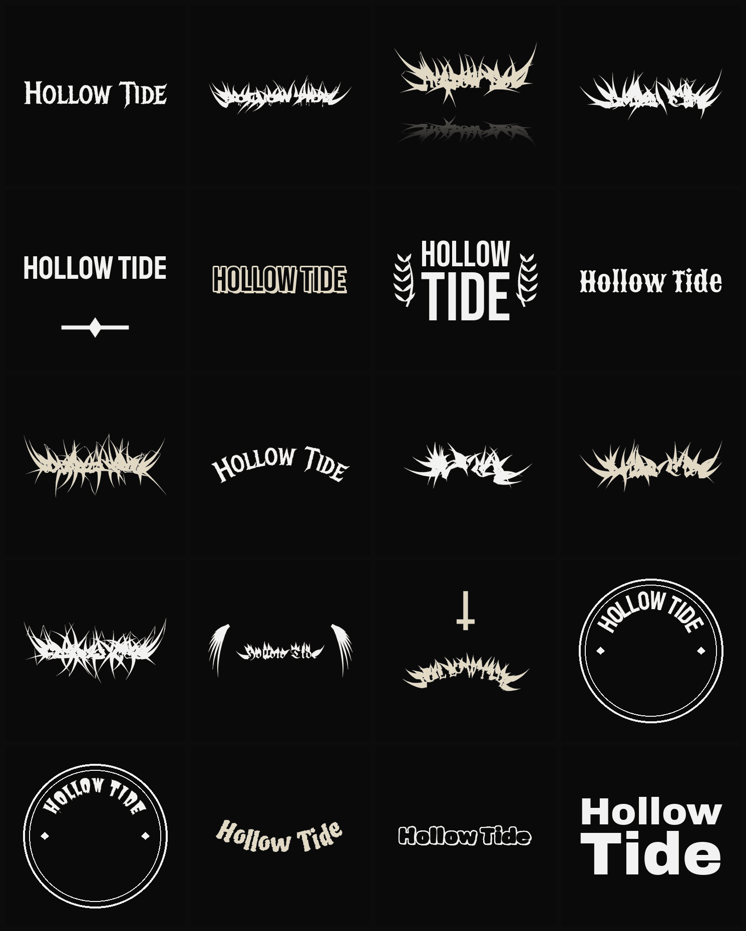 Twenty Hollow Tide band logo ideas — different faces, treatments and spike settings