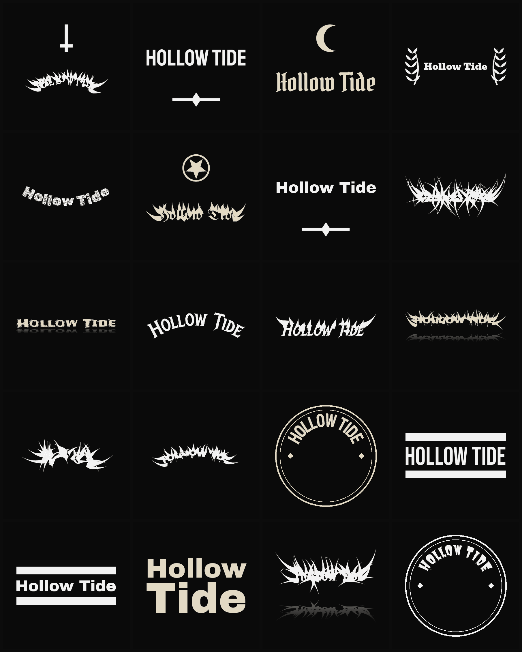 Twenty Hollow Tide band logo ideas — different faces, treatments and spike settings