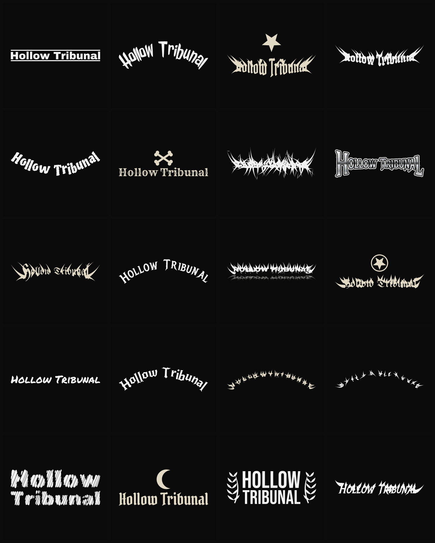 Twenty Hollow Tribunal band logo ideas — different faces, treatments and spike settings
