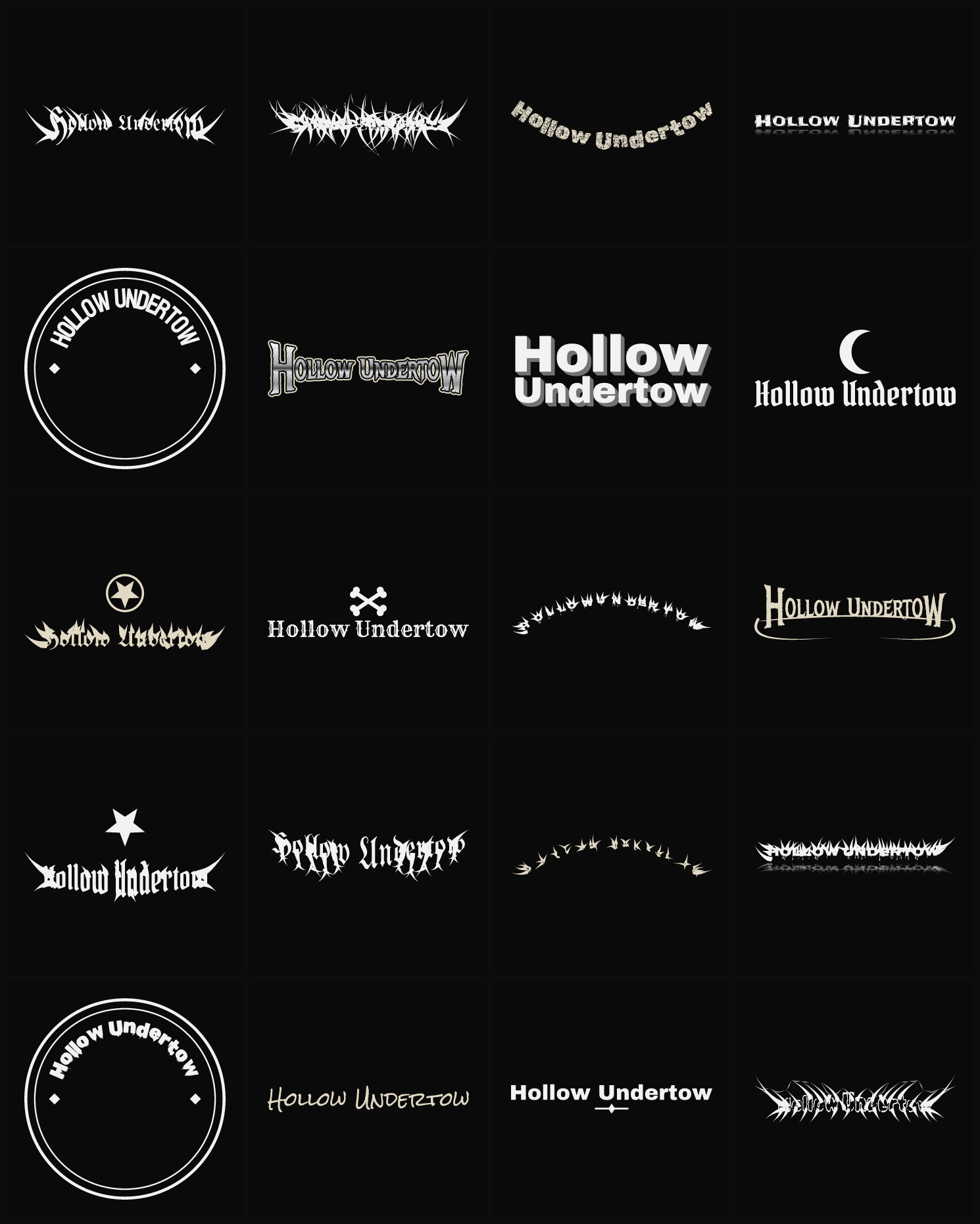 Twenty Hollow Undertow band logo ideas — different faces, treatments and spike settings