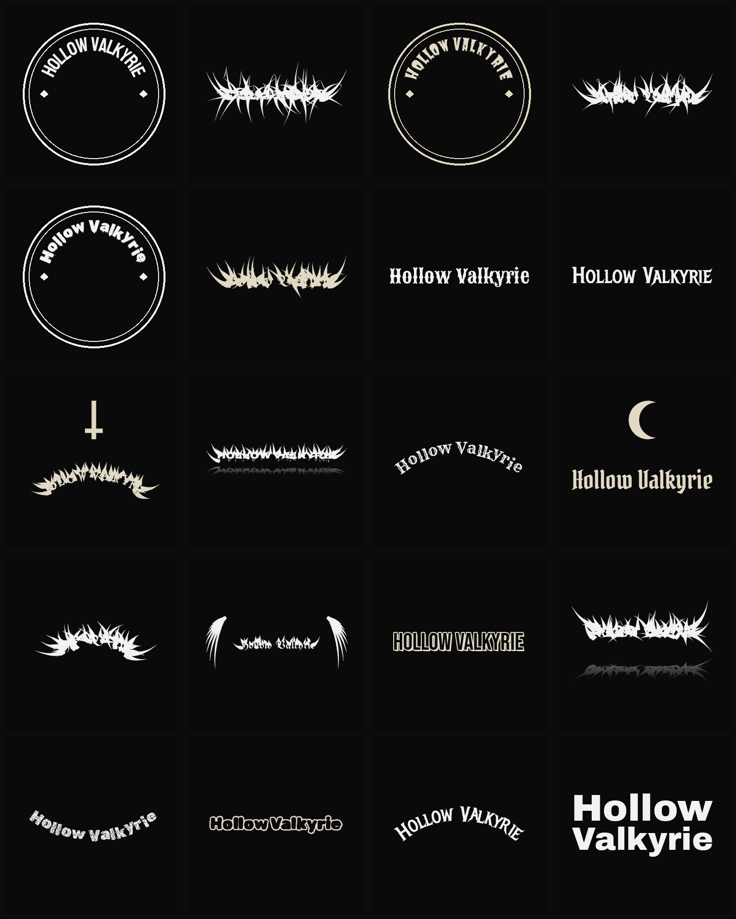Twenty Hollow Valkyrie band logo ideas — different faces, treatments and spike settings
