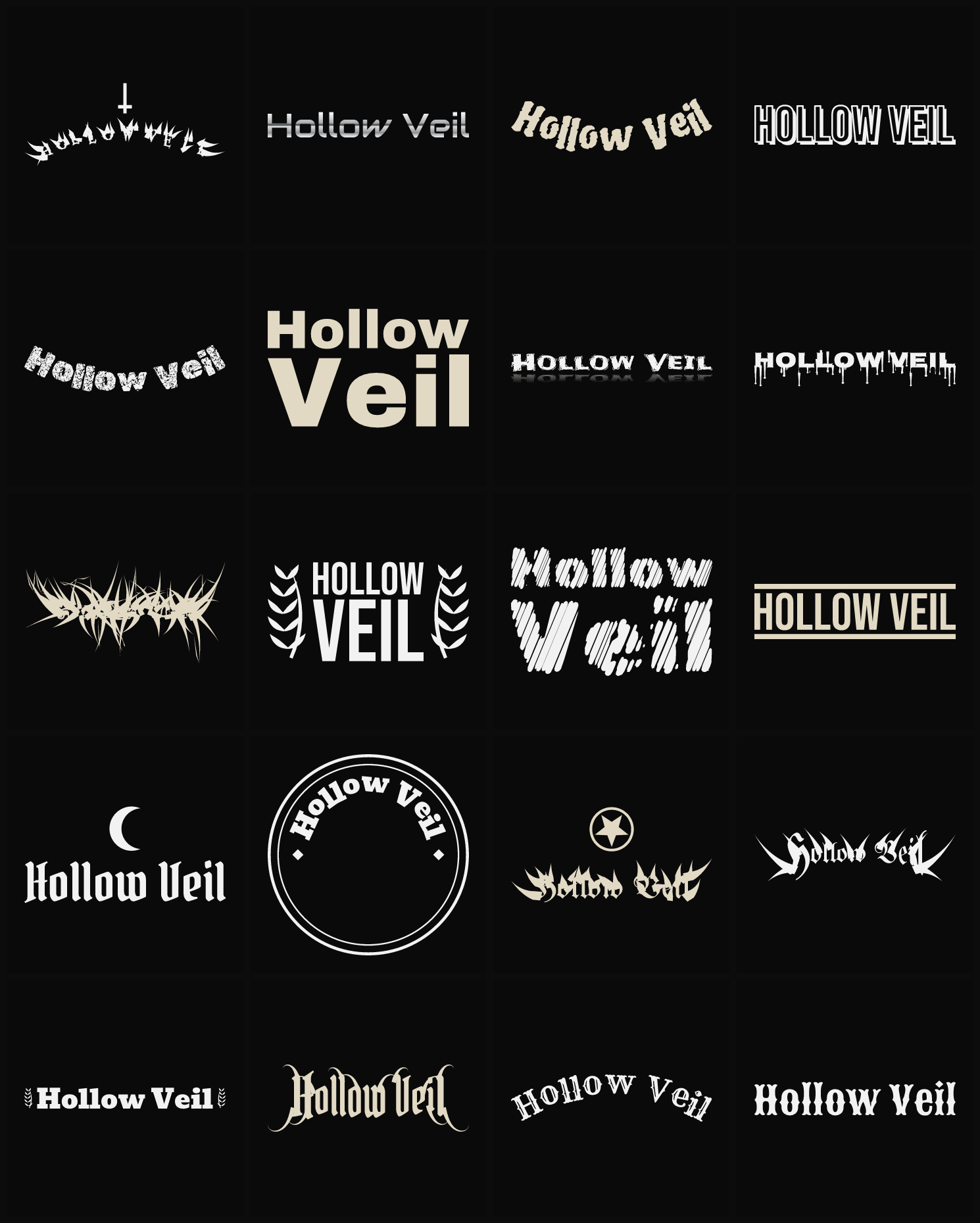 Twenty Hollow Veil band logo ideas — different faces, treatments and spike settings