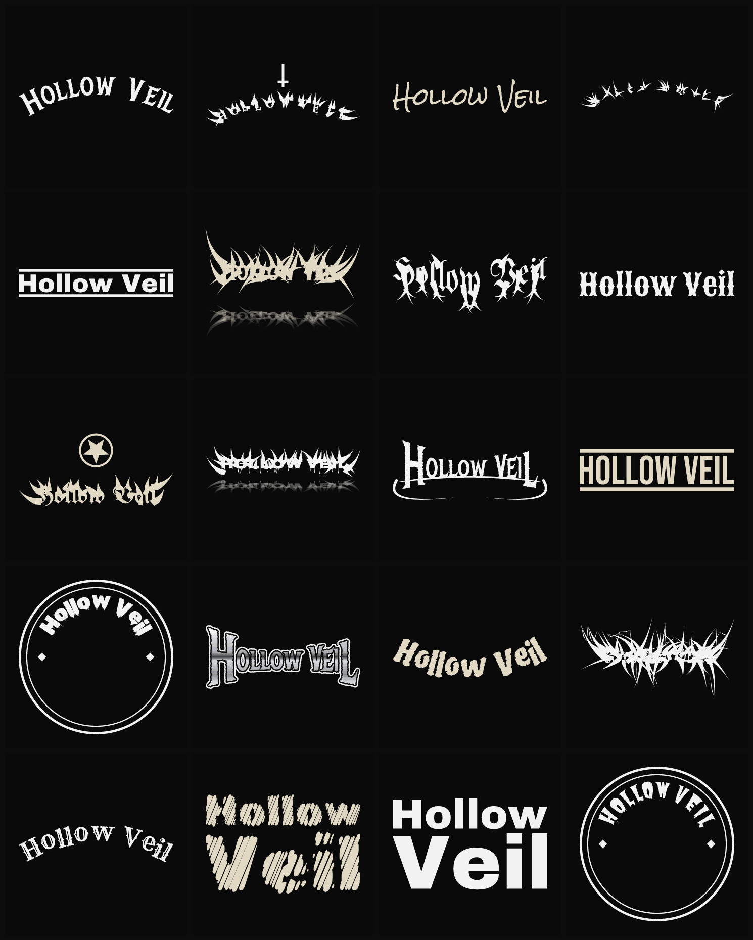 Twenty Hollow Veil band logo ideas — different faces, treatments and spike settings