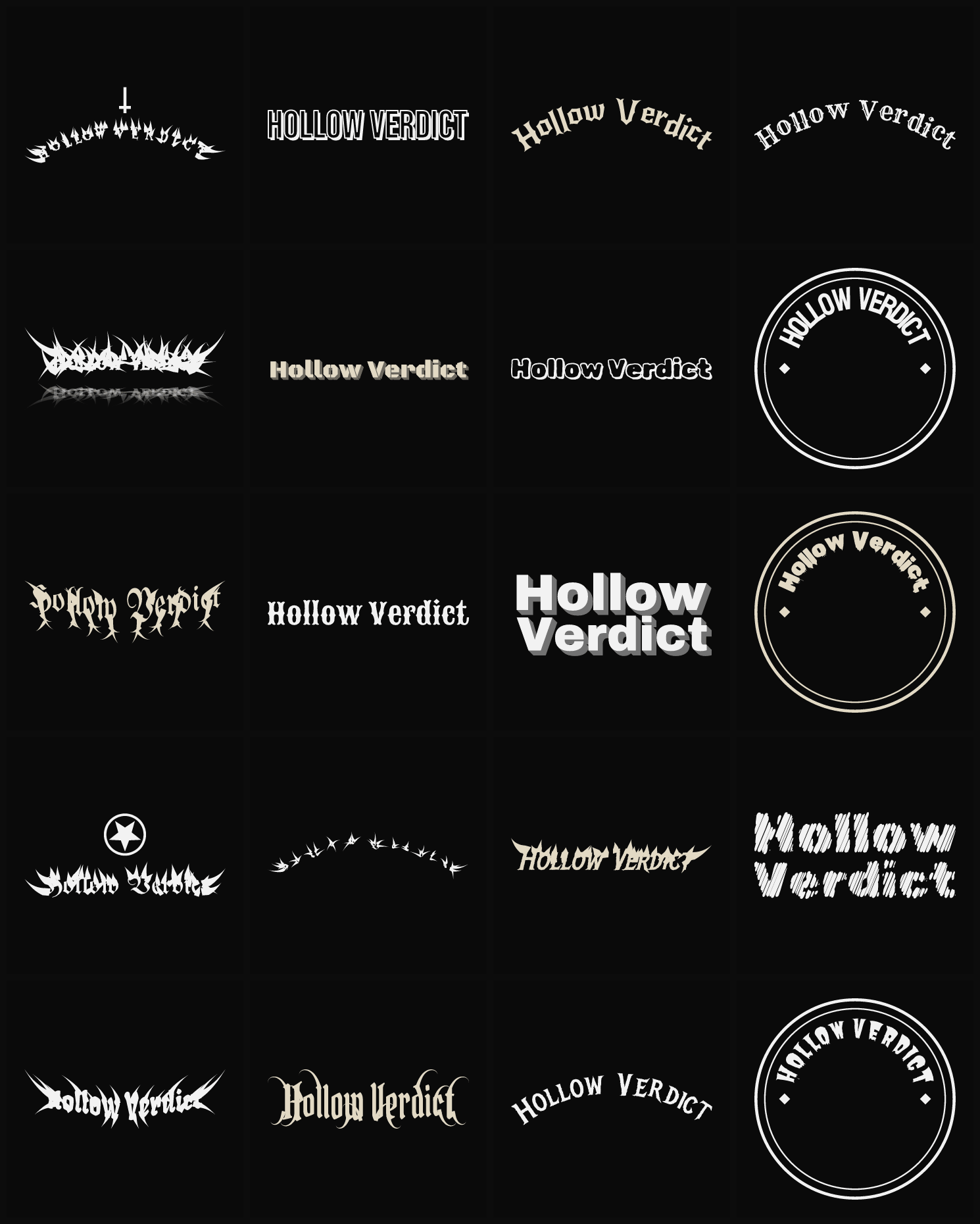 Twenty Hollow Verdict band logo ideas — different faces, treatments and spike settings