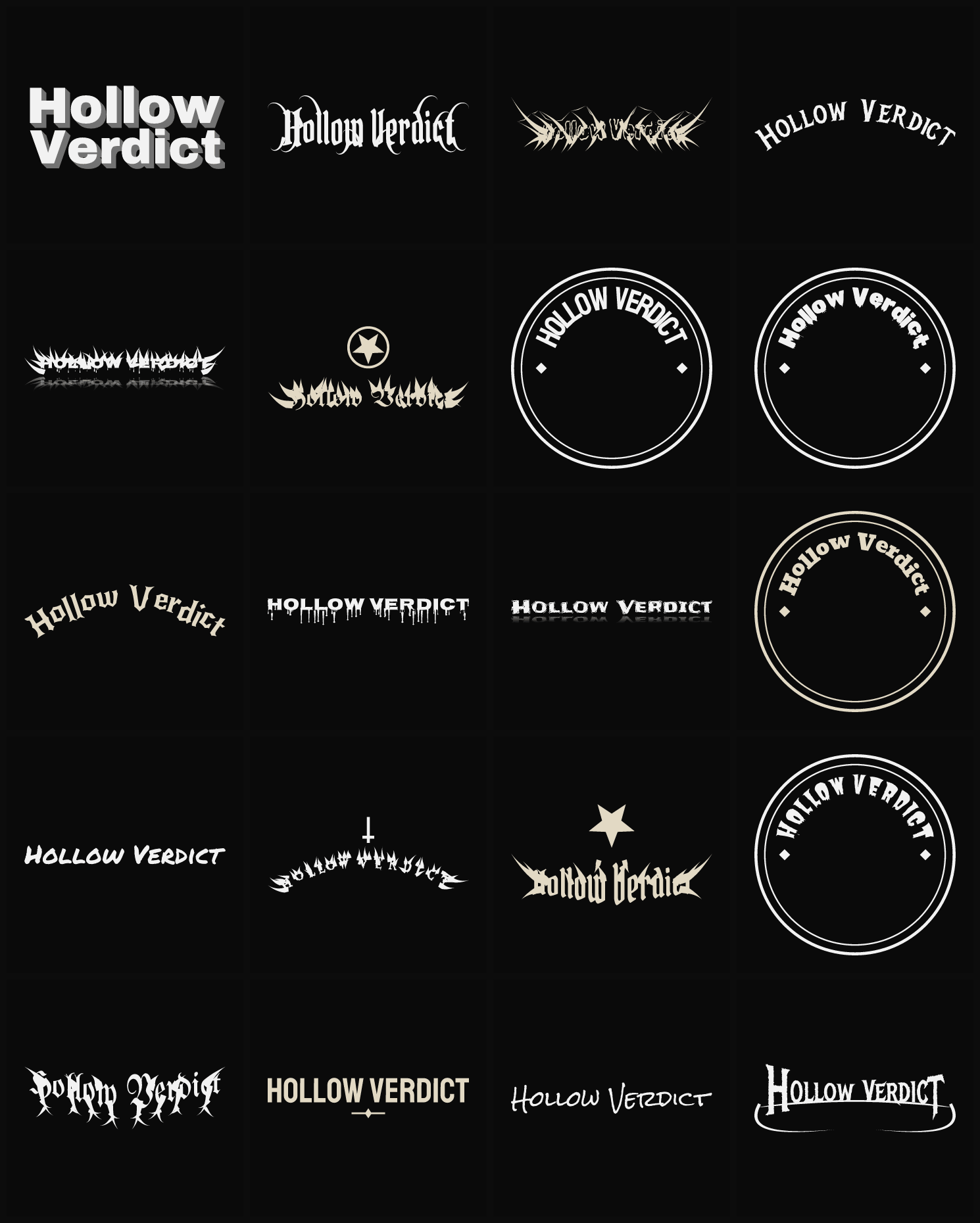 Twenty Hollow Verdict band logo ideas — different faces, treatments and spike settings