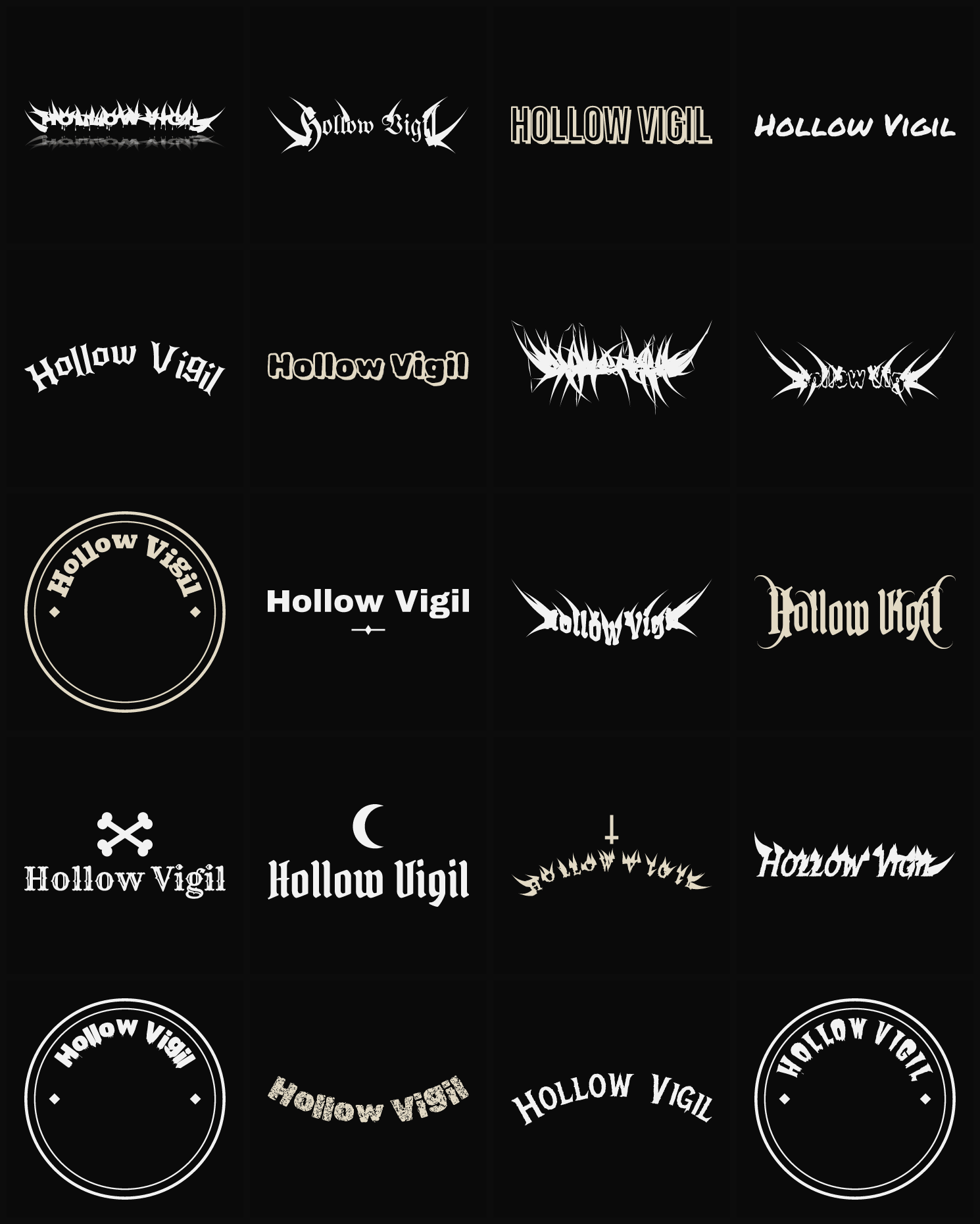 Twenty Hollow Vigil band logo ideas — different faces, treatments and spike settings