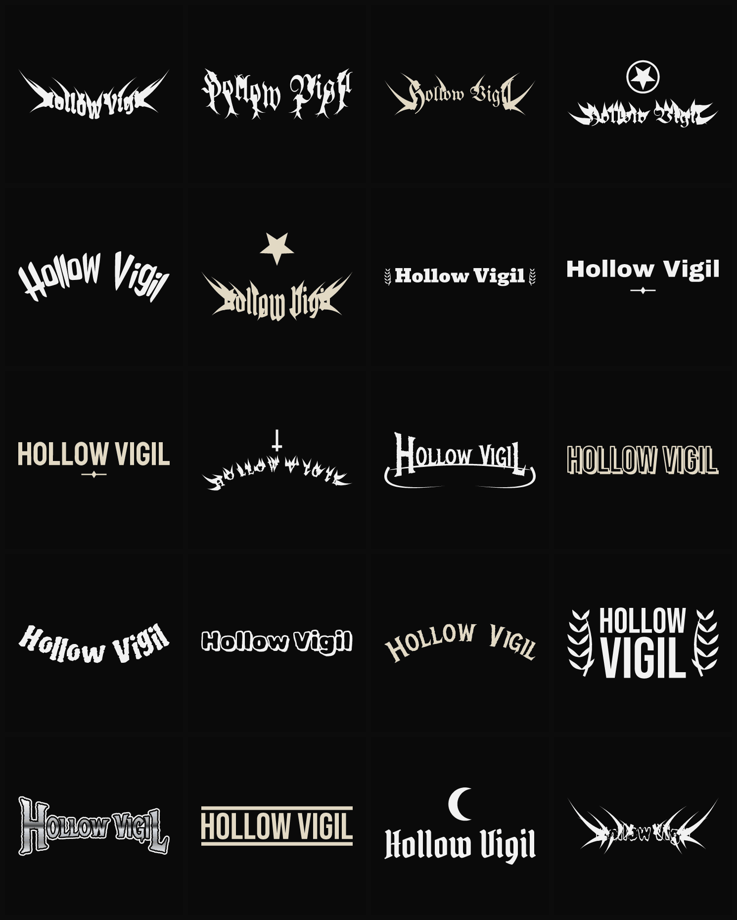 Twenty Hollow Vigil band logo ideas — different faces, treatments and spike settings
