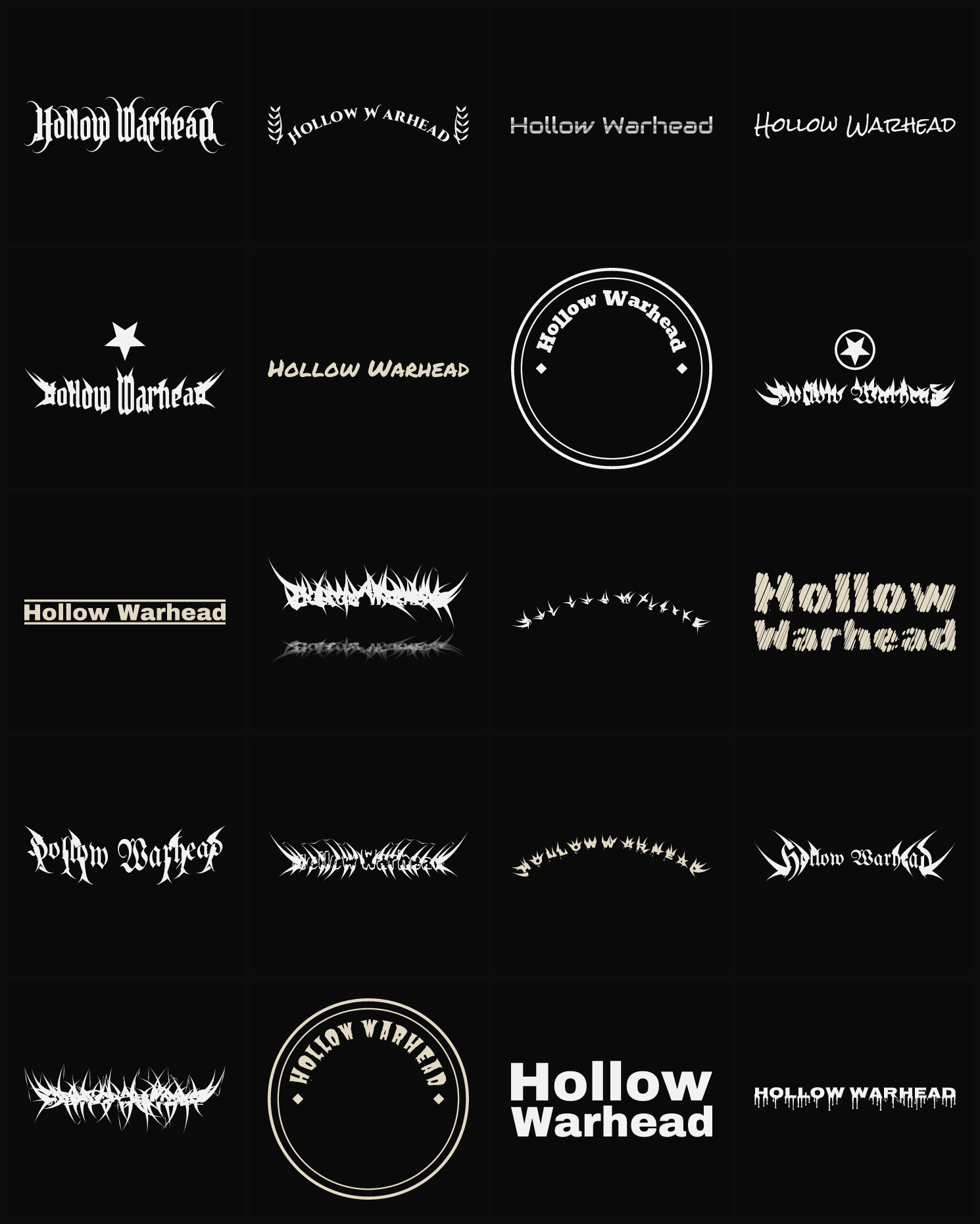 Twenty Hollow Warhead band logo ideas — different faces, treatments and spike settings