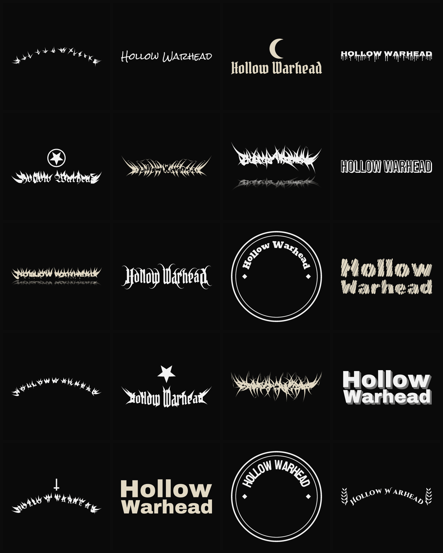Twenty Hollow Warhead band logo ideas — different faces, treatments and spike settings