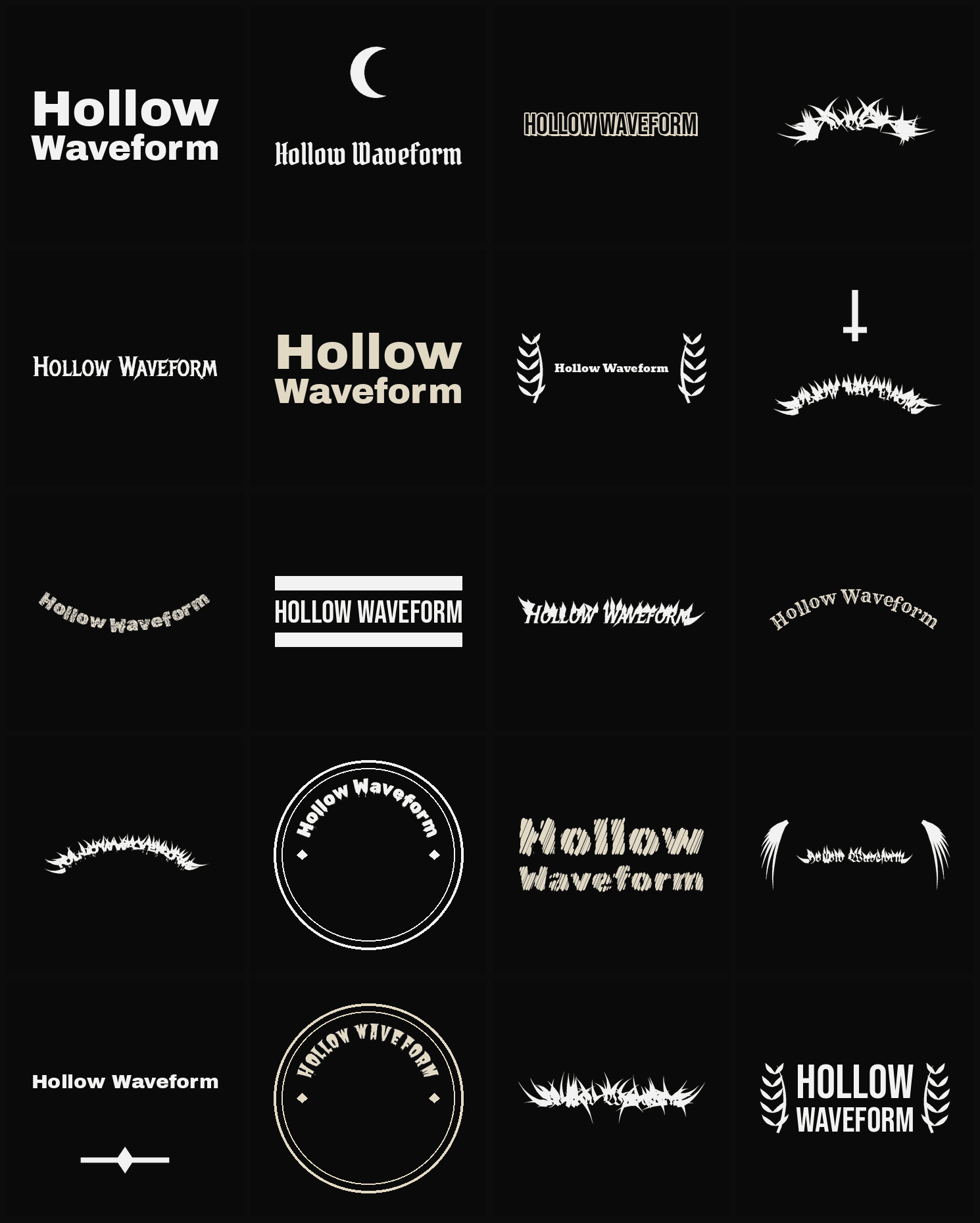 Twenty Hollow Waveform band logo ideas — different faces, treatments and spike settings