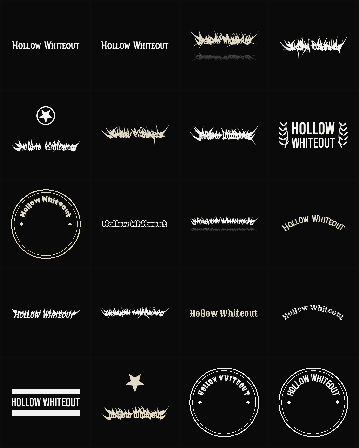 Twenty Hollow Whiteout band logo ideas — different faces, treatments and spike settings