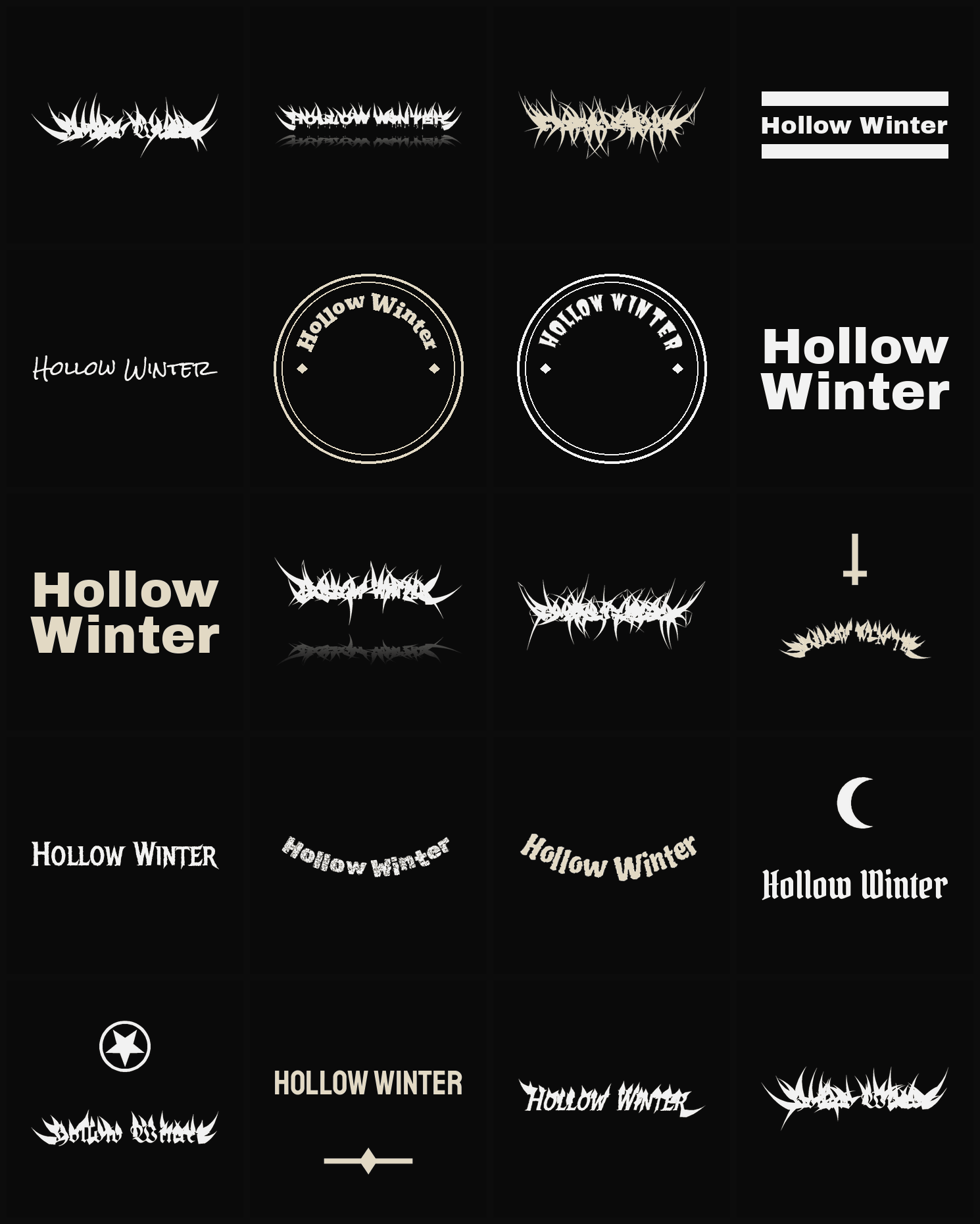 Twenty Hollow Winter band logo ideas — different faces, treatments and spike settings