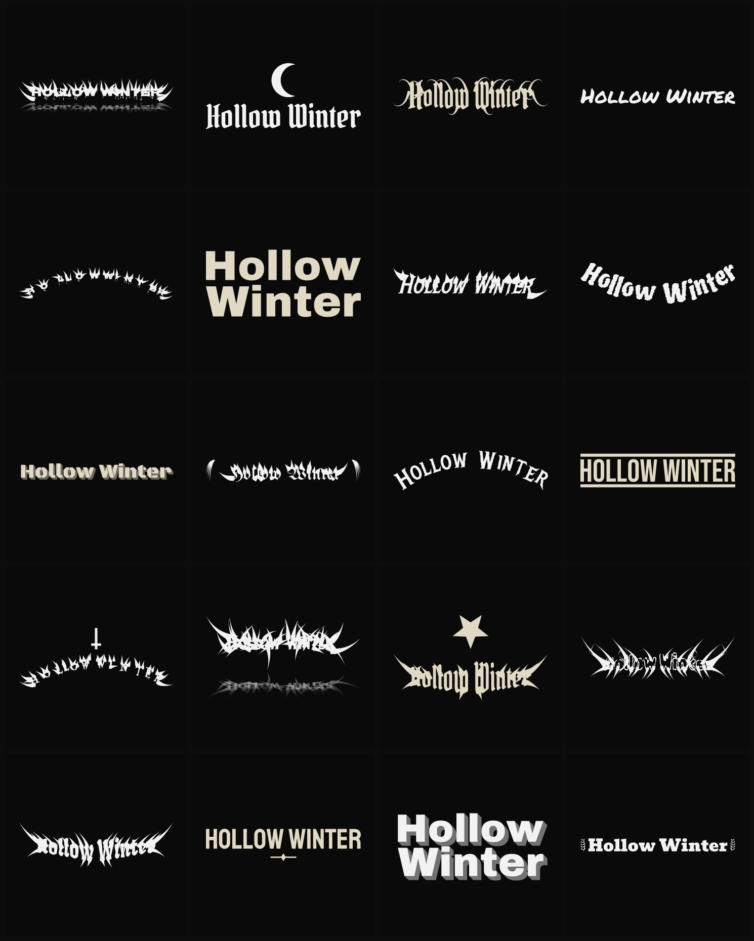 Twenty Hollow Winter band logo ideas — different faces, treatments and spike settings
