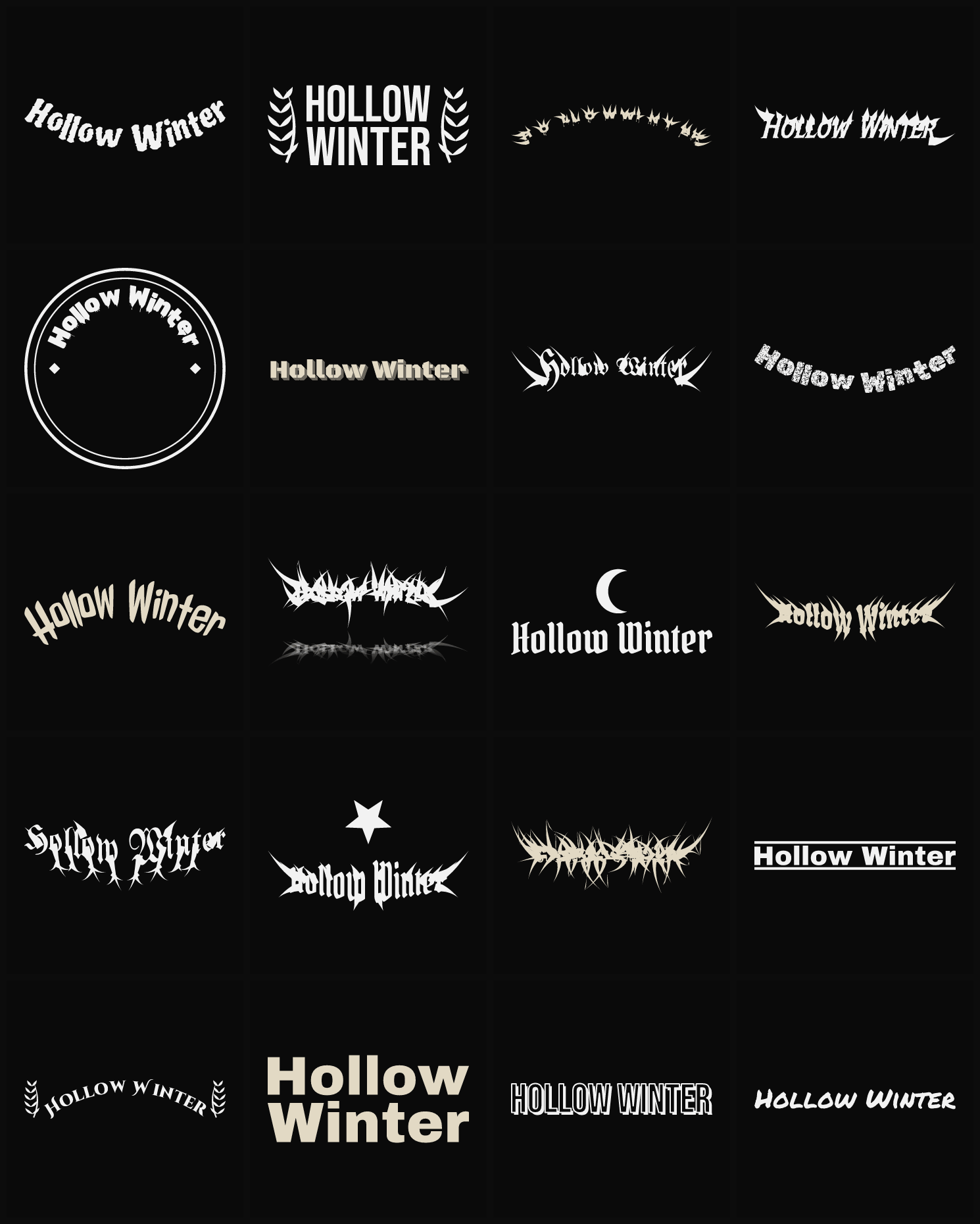 Twenty Hollow Winter band logo ideas — different faces, treatments and spike settings