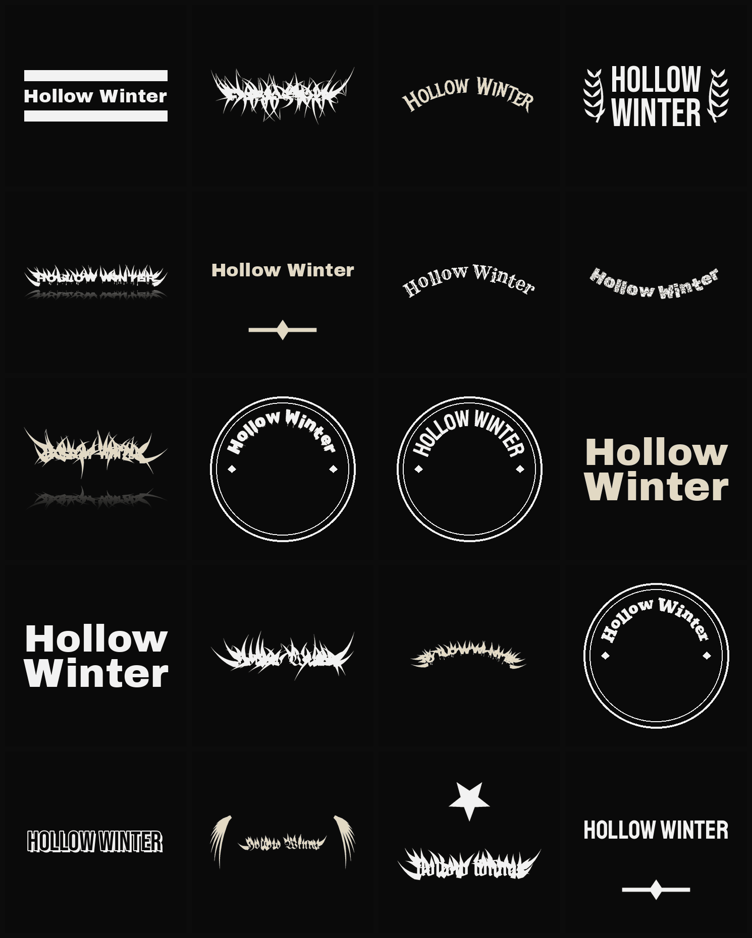 Twenty Hollow Winter band logo ideas — different faces, treatments and spike settings