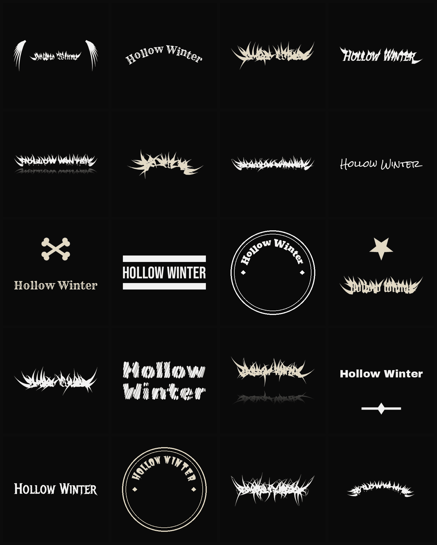 Twenty Hollow Winter band logo ideas — different faces, treatments and spike settings