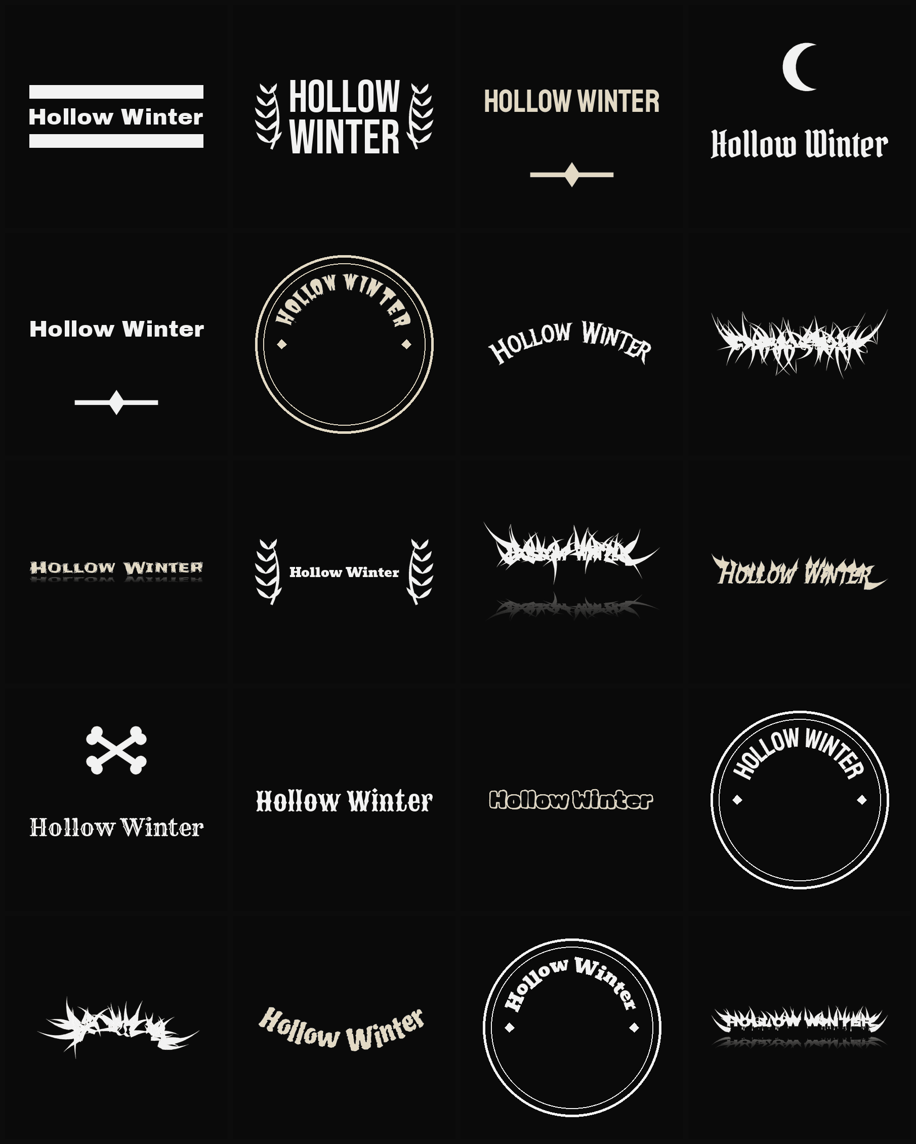 Twenty Hollow Winter band logo ideas — different faces, treatments and spike settings