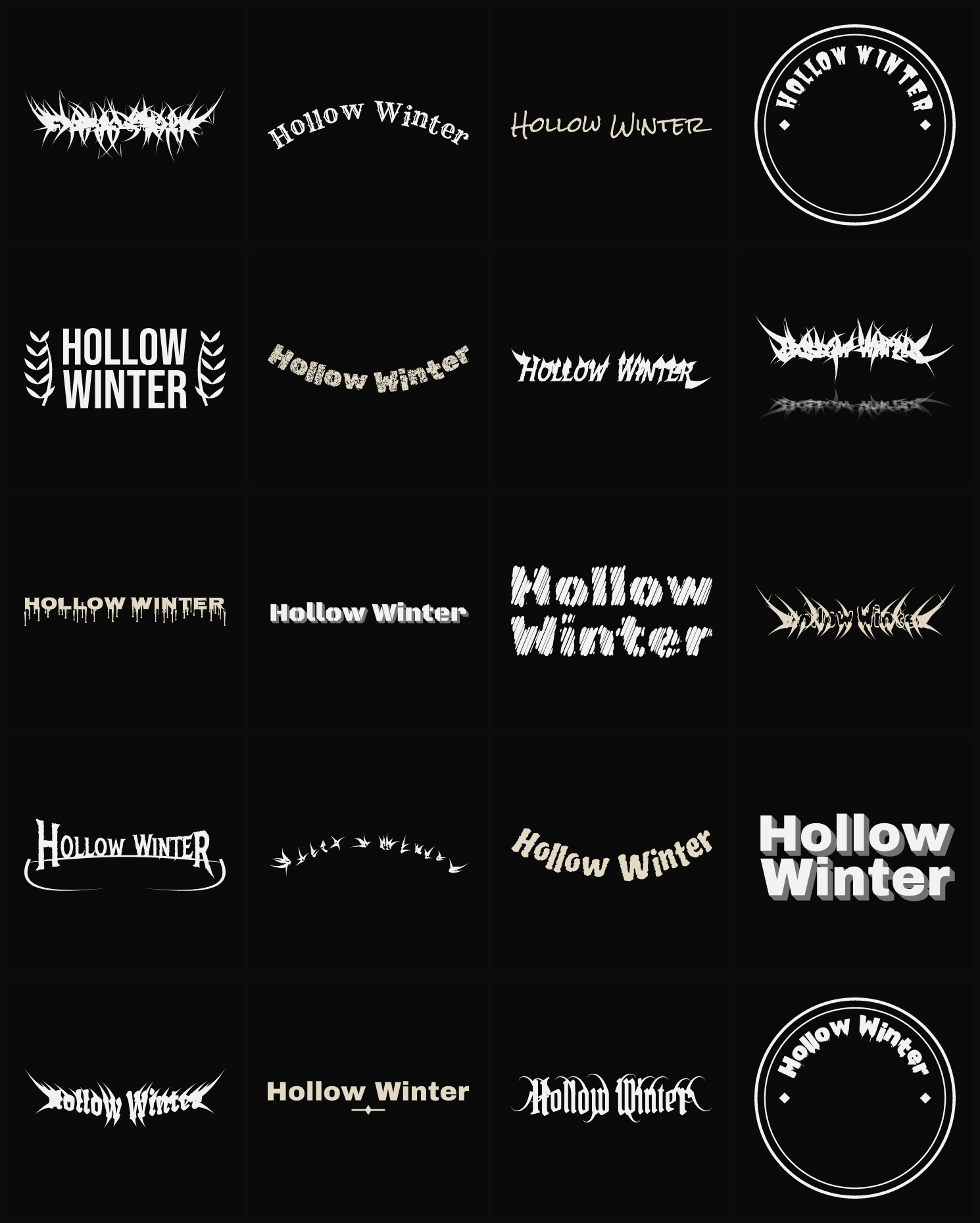 Twenty Hollow Winter band logo ideas — different faces, treatments and spike settings