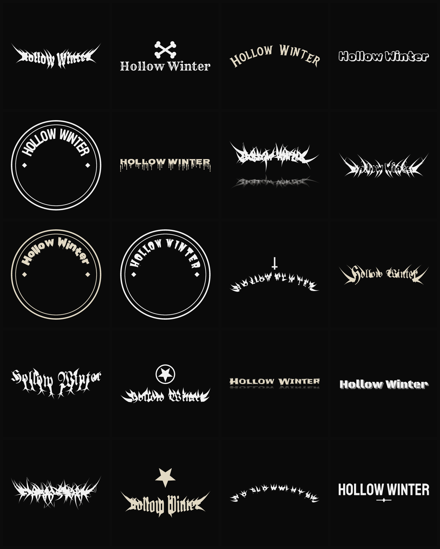 Twenty Hollow Winter band logo ideas — different faces, treatments and spike settings