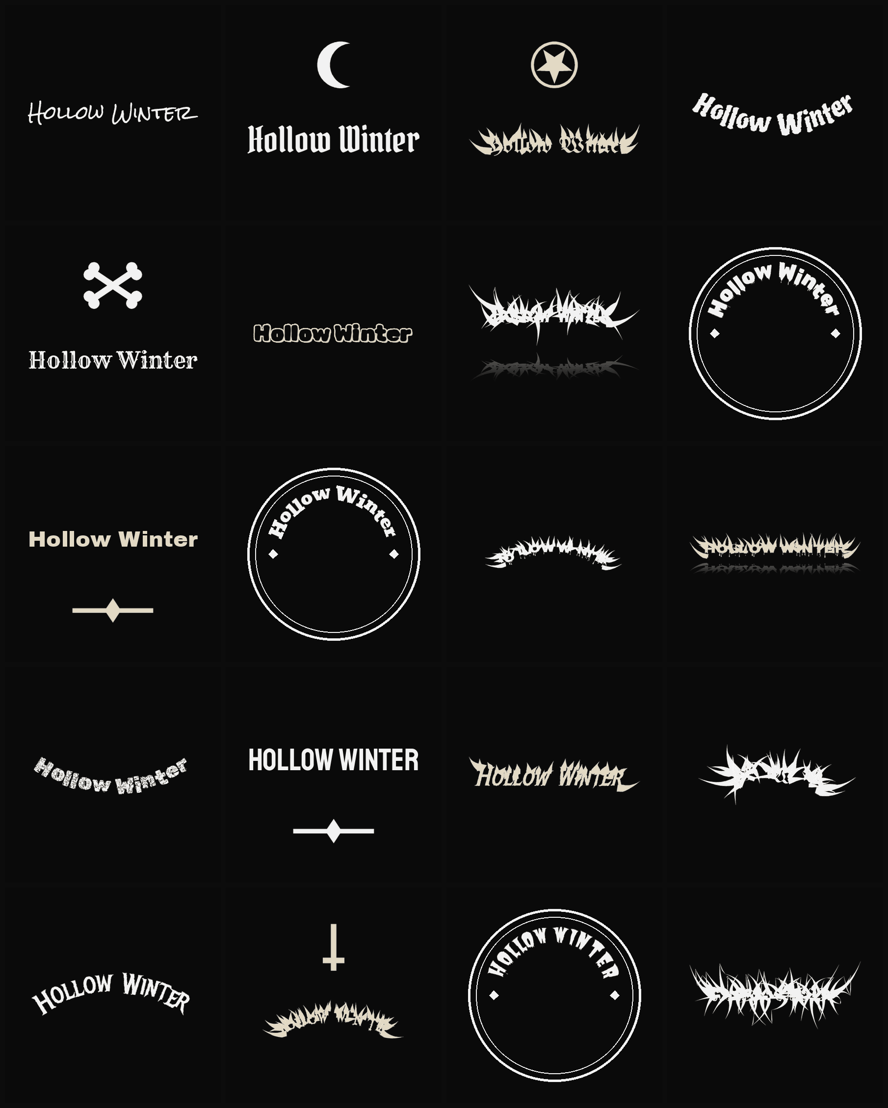 Twenty Hollow Winter band logo ideas — different faces, treatments and spike settings