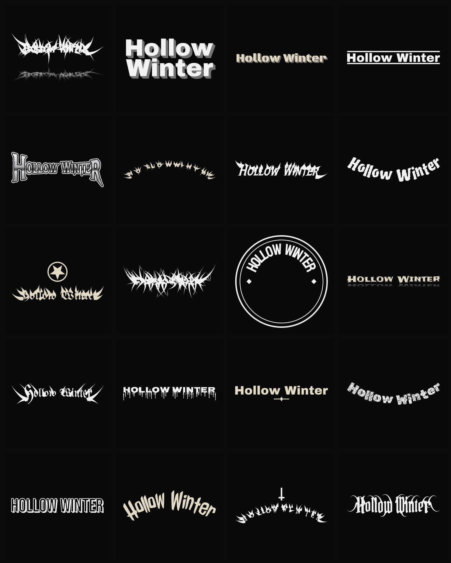 Twenty Hollow Winter band logo ideas — different faces, treatments and spike settings
