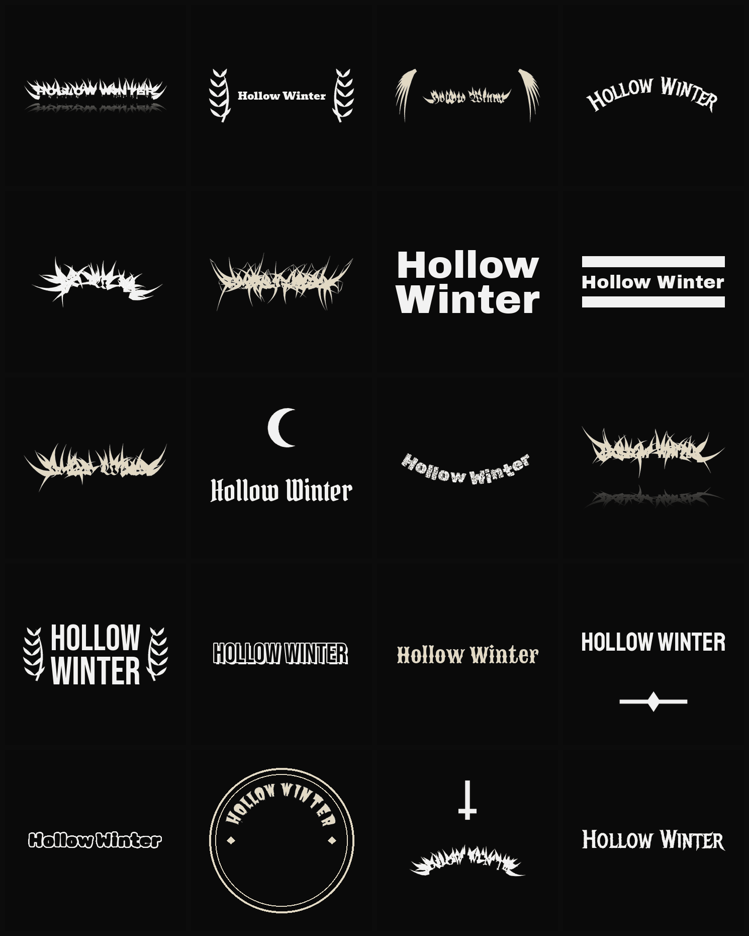 Twenty Hollow Winter band logo ideas — different faces, treatments and spike settings