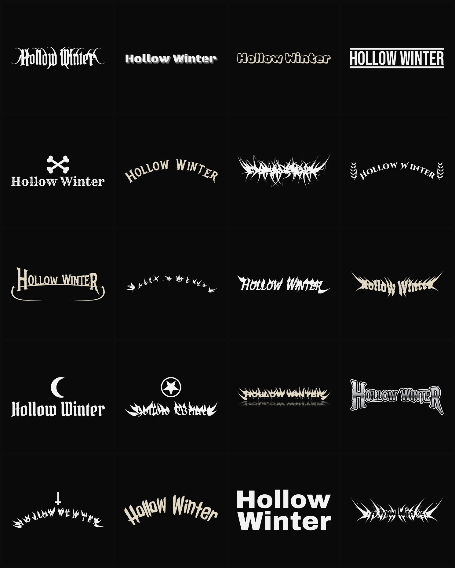 Twenty Hollow Winter band logo ideas — different faces, treatments and spike settings