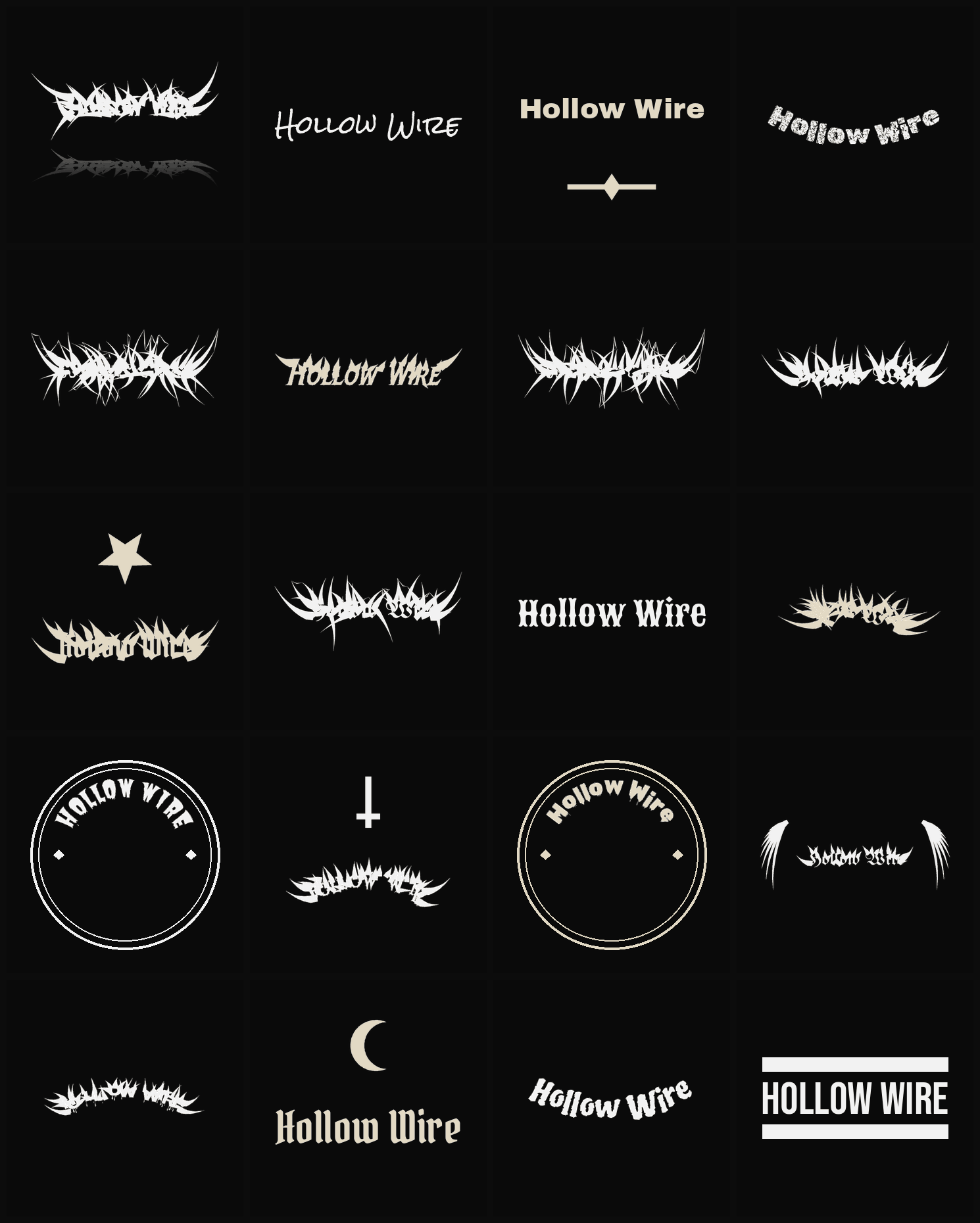 Twenty Hollow Wire band logo ideas — different faces, treatments and spike settings