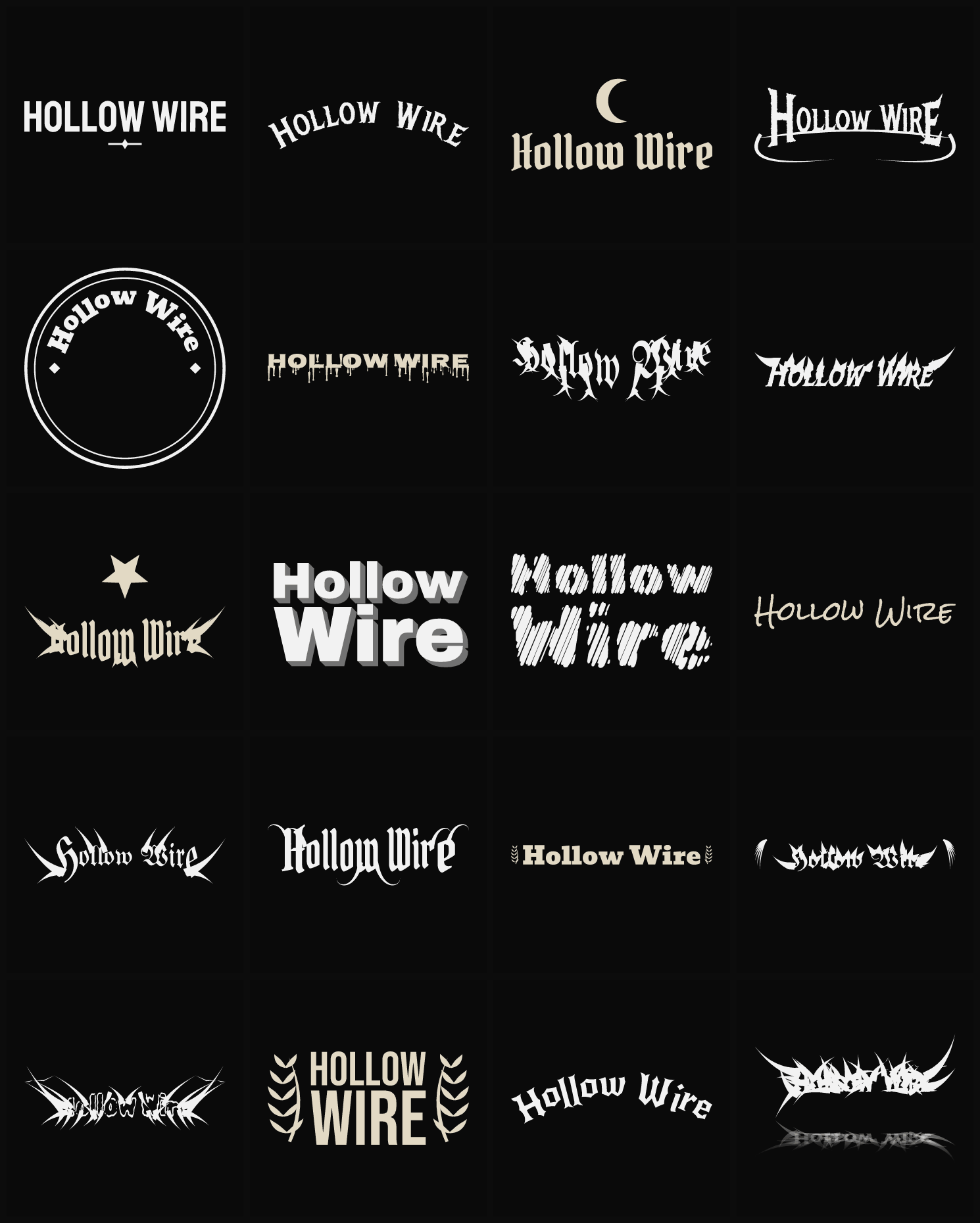 Twenty Hollow Wire band logo ideas — different faces, treatments and spike settings