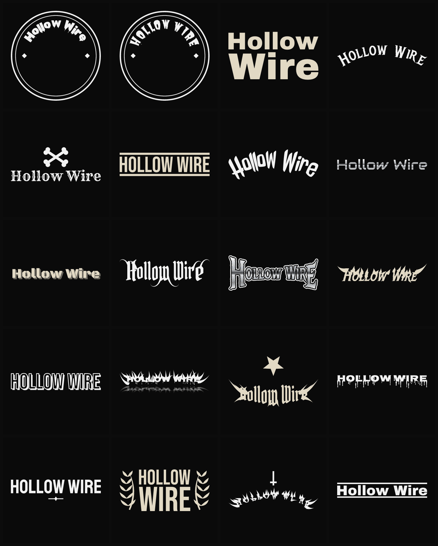 Twenty Hollow Wire band logo ideas — different faces, treatments and spike settings