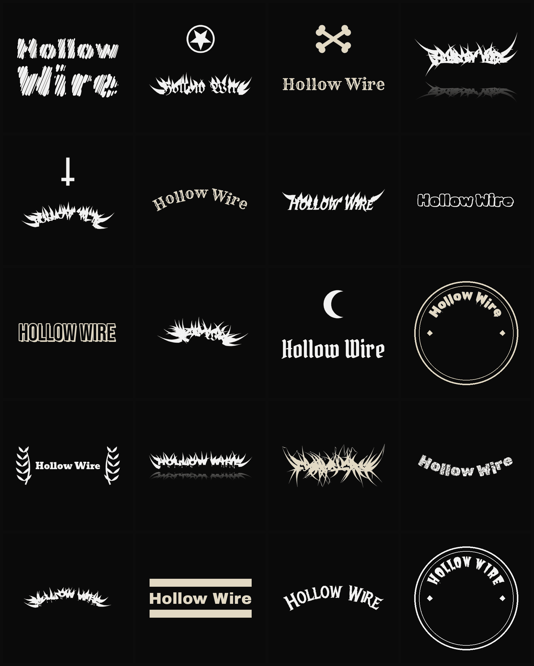 Twenty Hollow Wire band logo ideas — different faces, treatments and spike settings