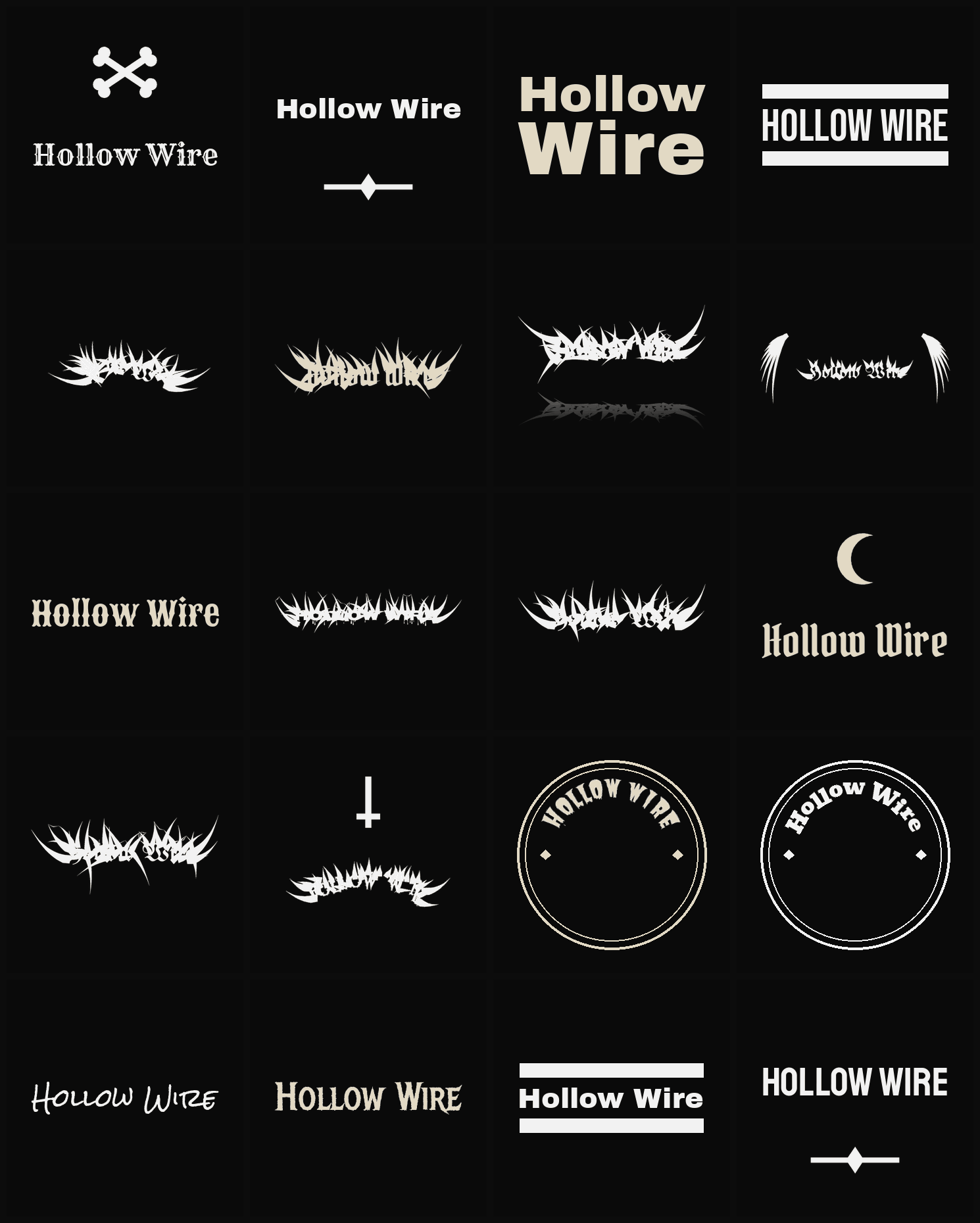 Twenty Hollow Wire band logo ideas — different faces, treatments and spike settings