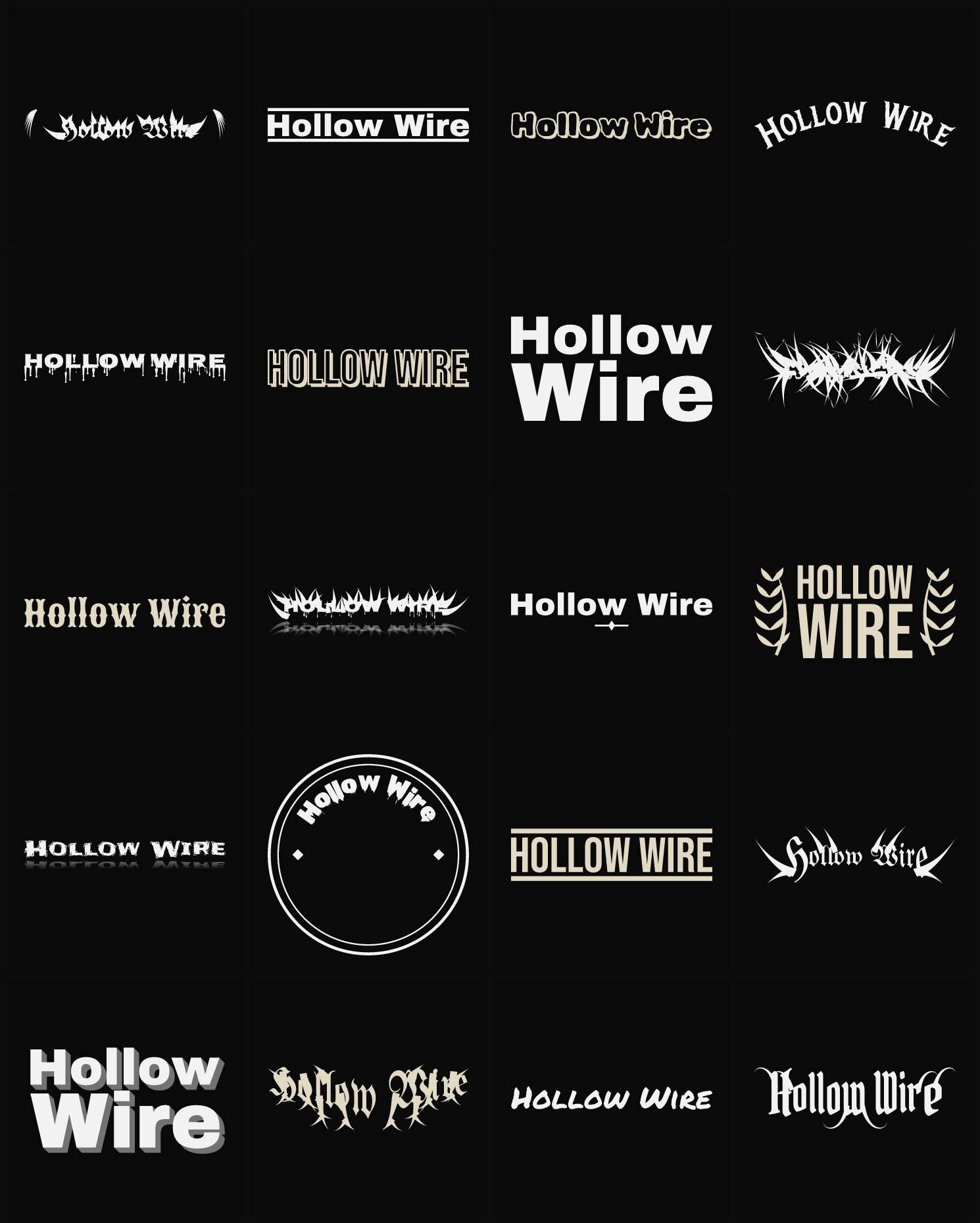 Twenty Hollow Wire band logo ideas — different faces, treatments and spike settings