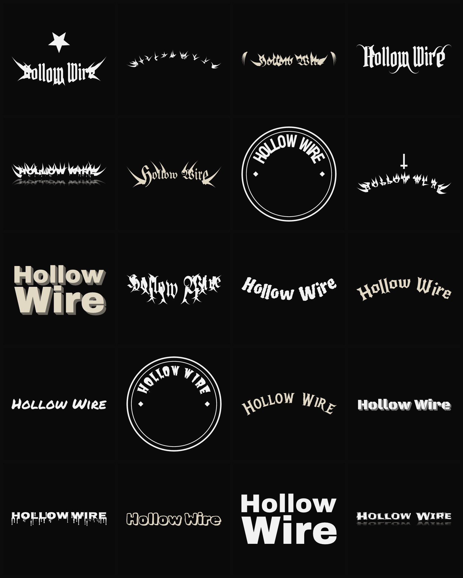 Twenty Hollow Wire band logo ideas — different faces, treatments and spike settings