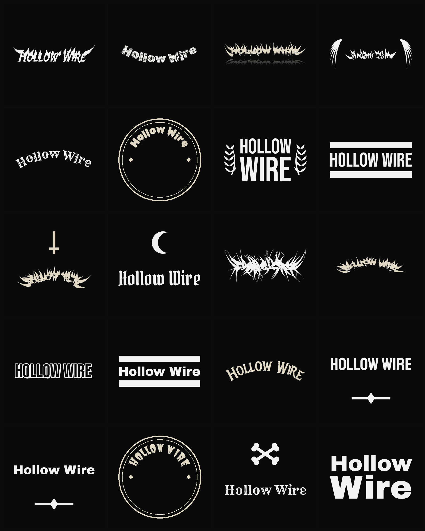 Twenty Hollow Wire band logo ideas — different faces, treatments and spike settings